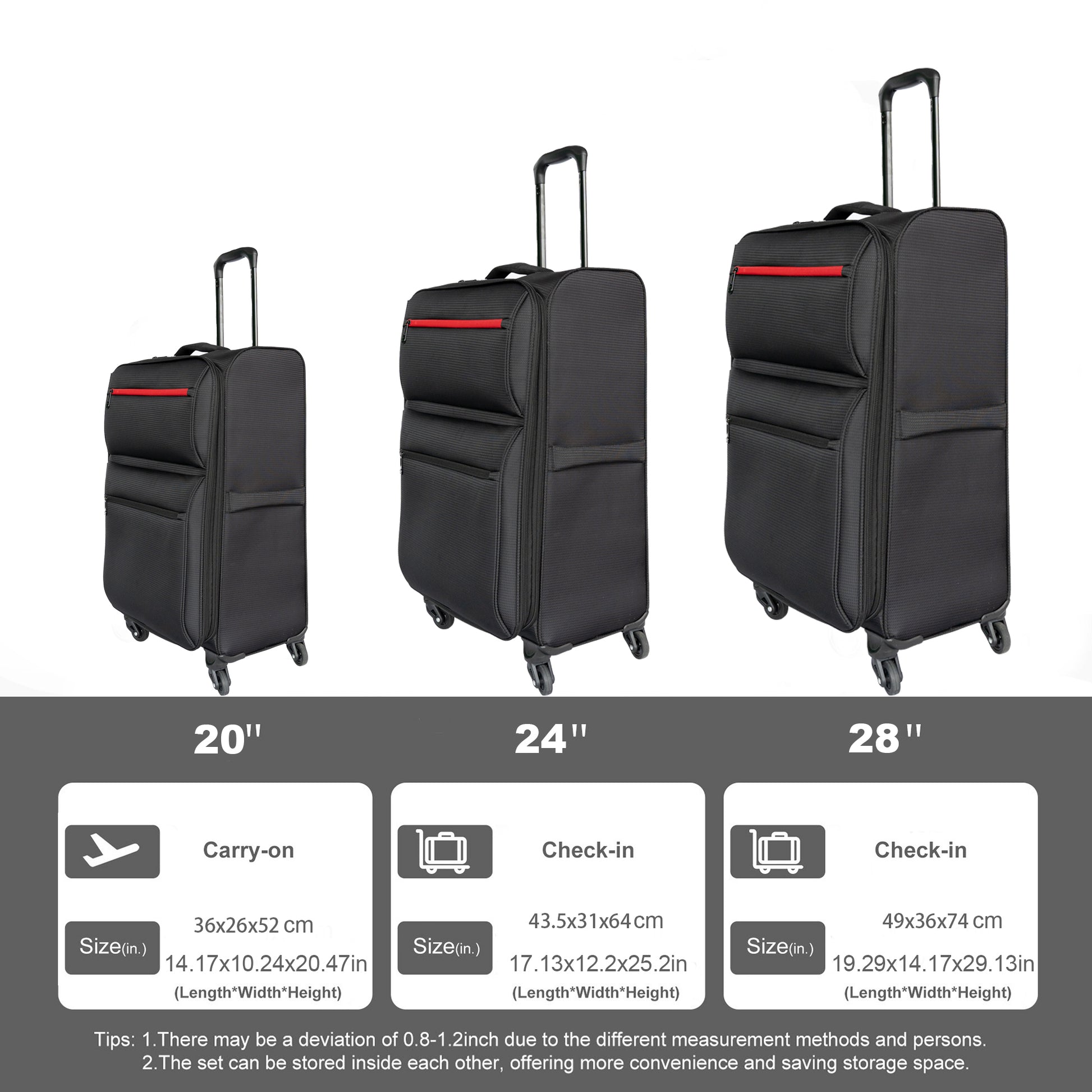 Black inch carryon suitcase with red accents and telescoping handle