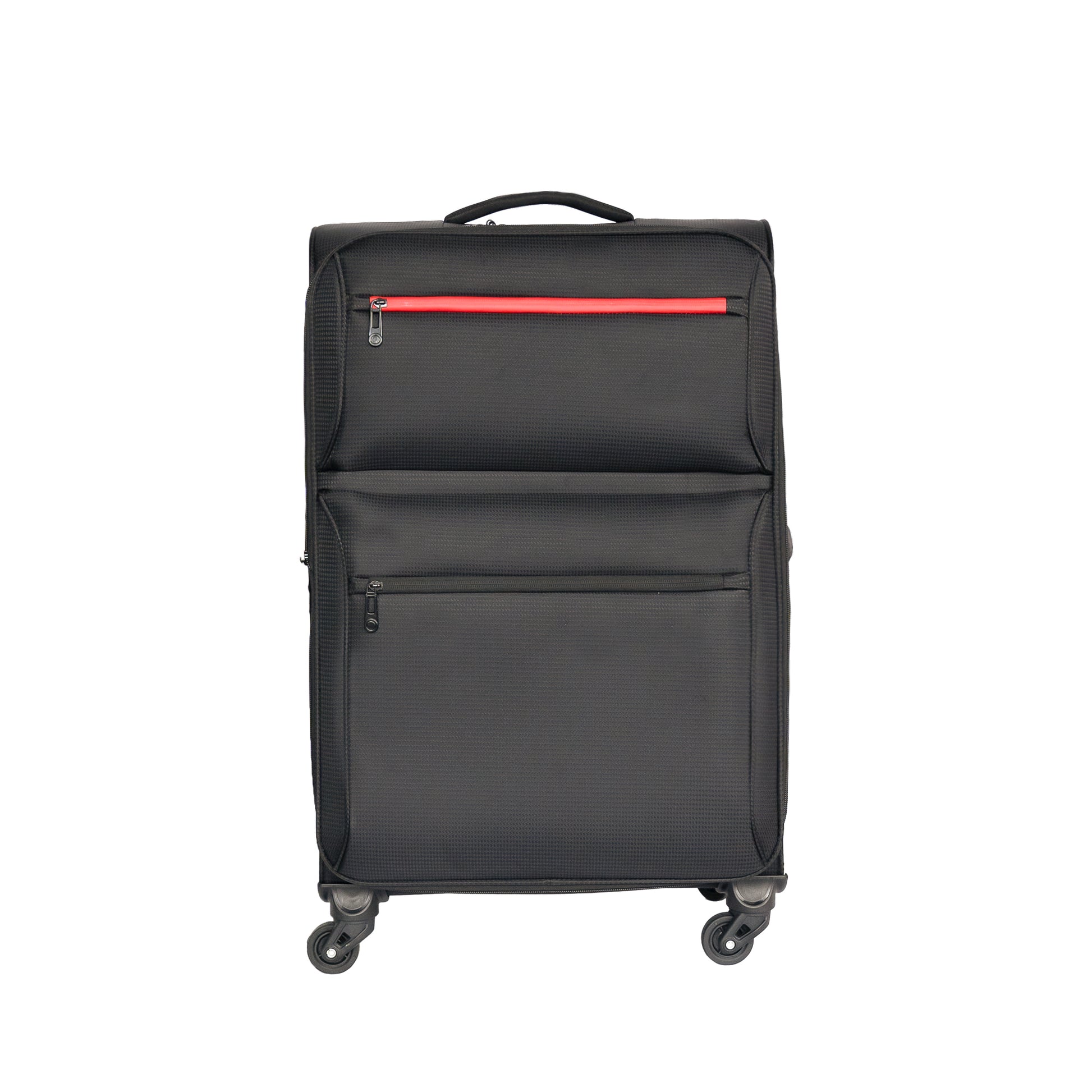 Black spinner luggage with a bright red accent zipper ideal for travel