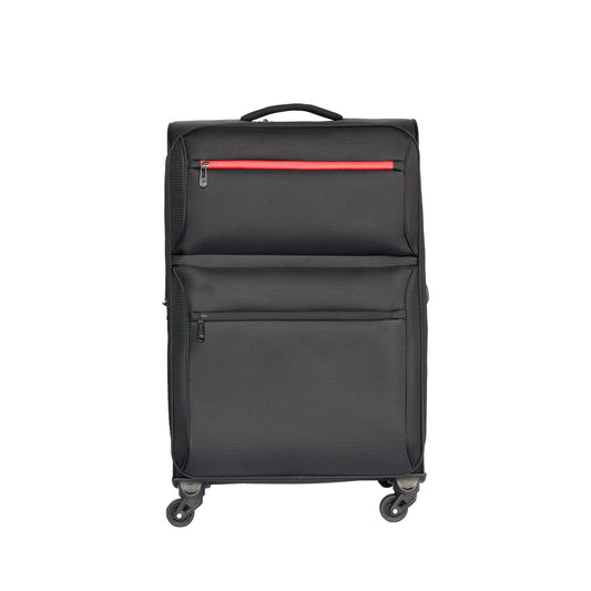 Black spinner luggage with a bright red accent zipper ideal for travel