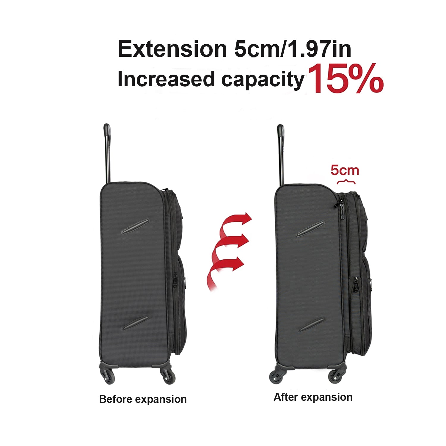Black wheeled luggage shown before and after expansion demonstrating  increased capacity