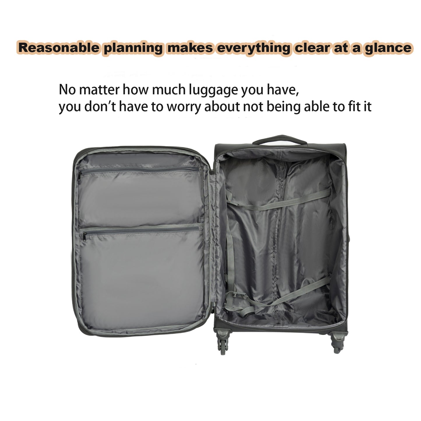 Open dark grey travel suitcase with internal compartments and straps for packing