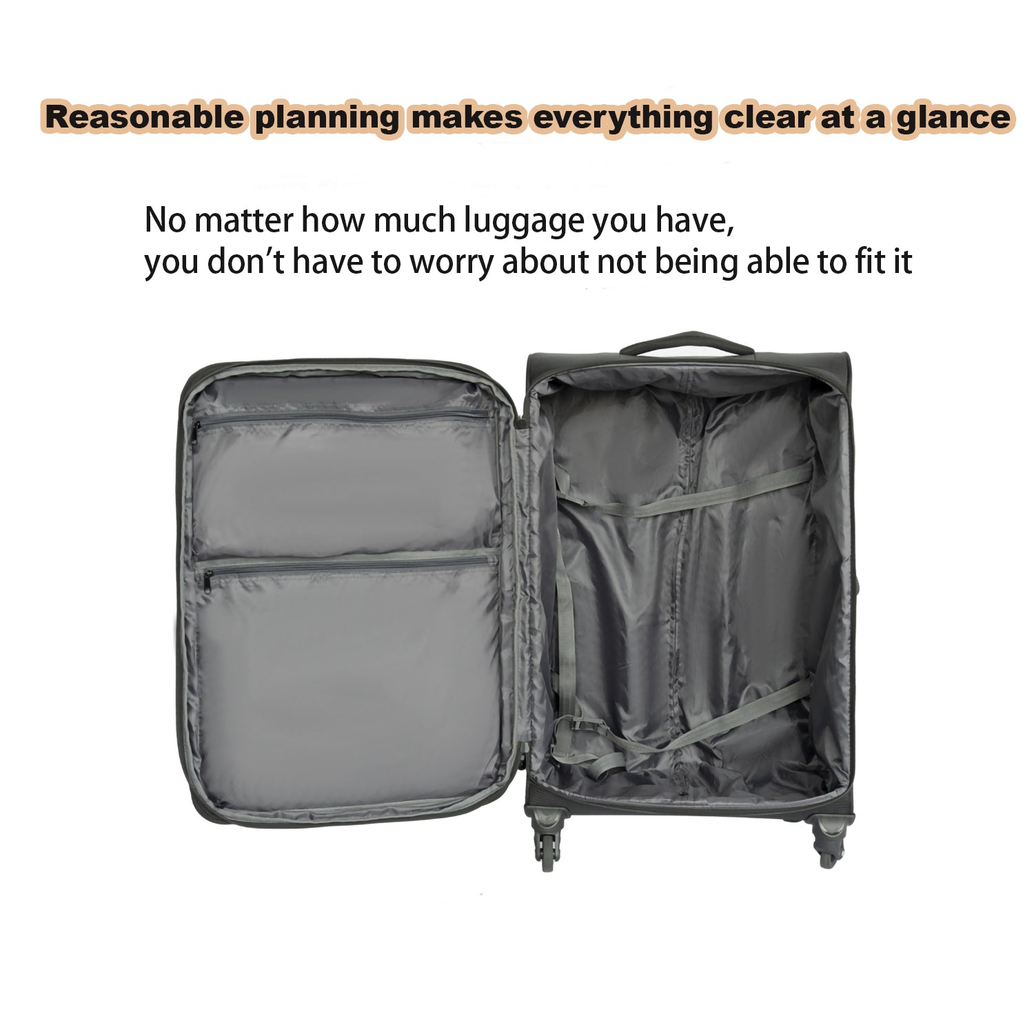 Open dark grey travel suitcase with internal compartments and straps for packing