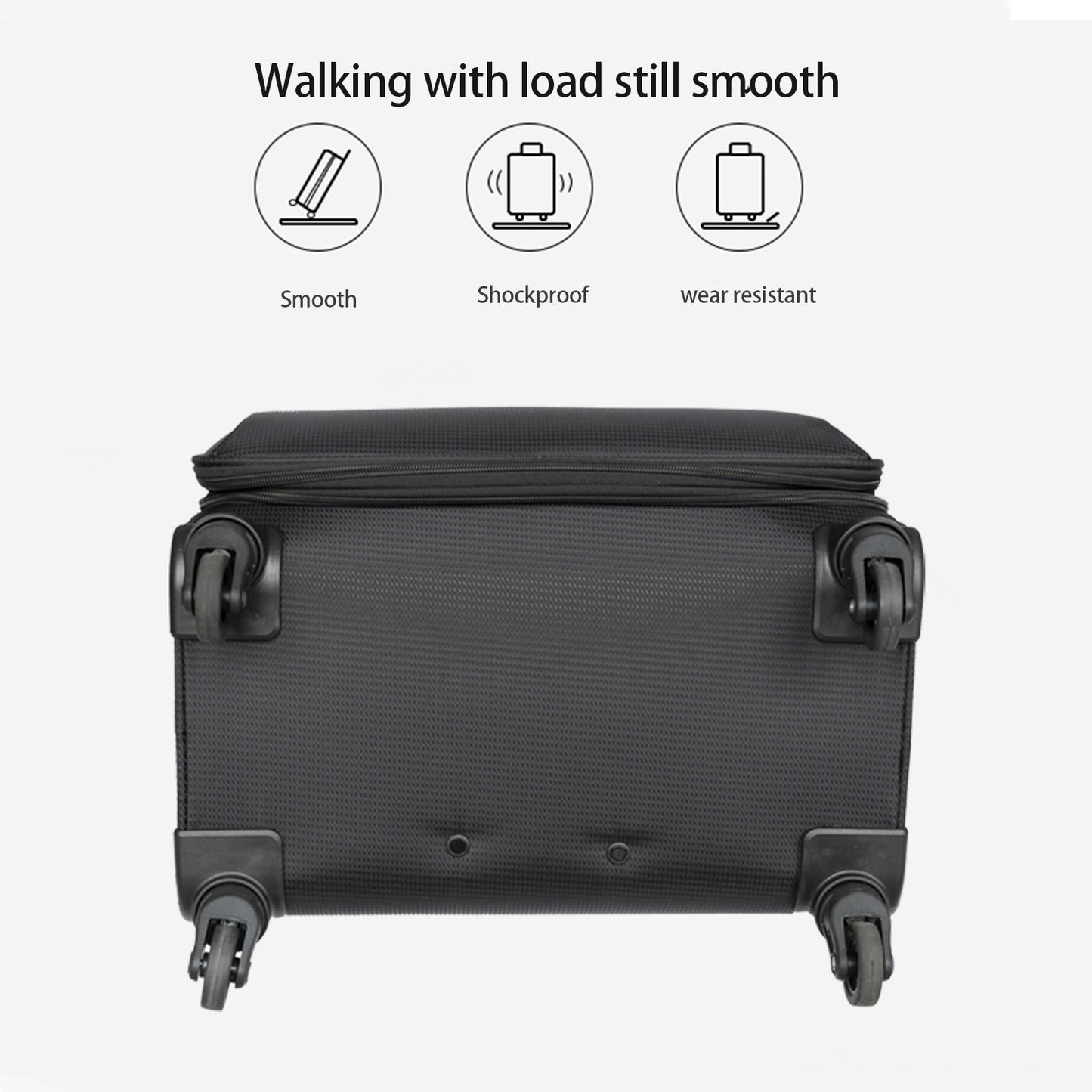 Black textured fabric rolling suitcase with four smoothgliding spinner wheels