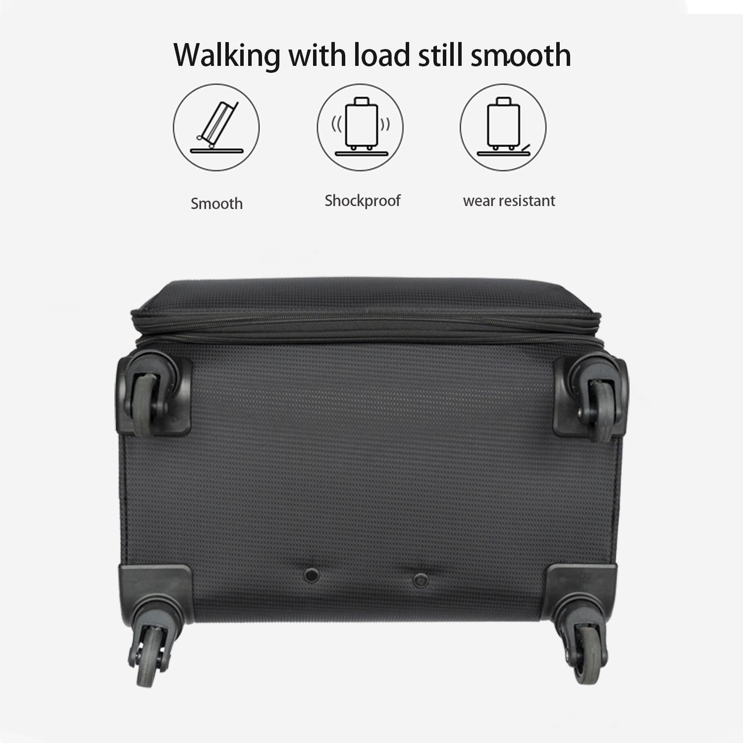 Black textured fabric rolling suitcase with four smoothgliding spinner wheels