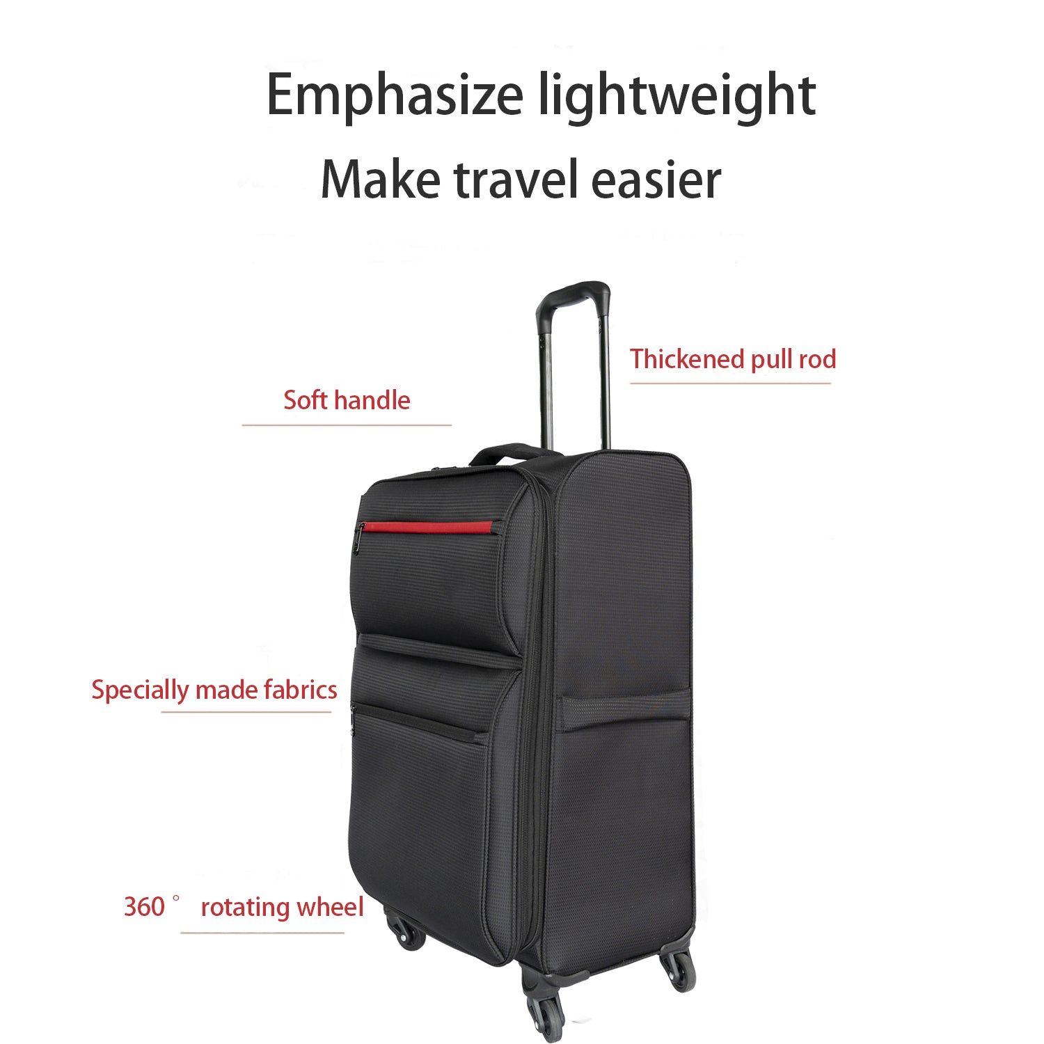 Black fourwheeled suitcase with a thickened pull rod and soft handle for travel