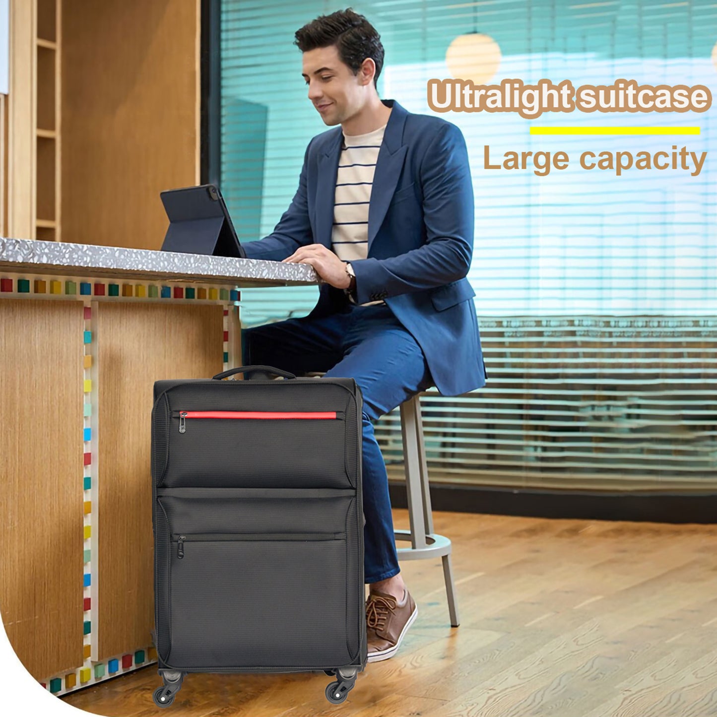 Black ultralight suitcase with red zipper accents and large capacity for travel