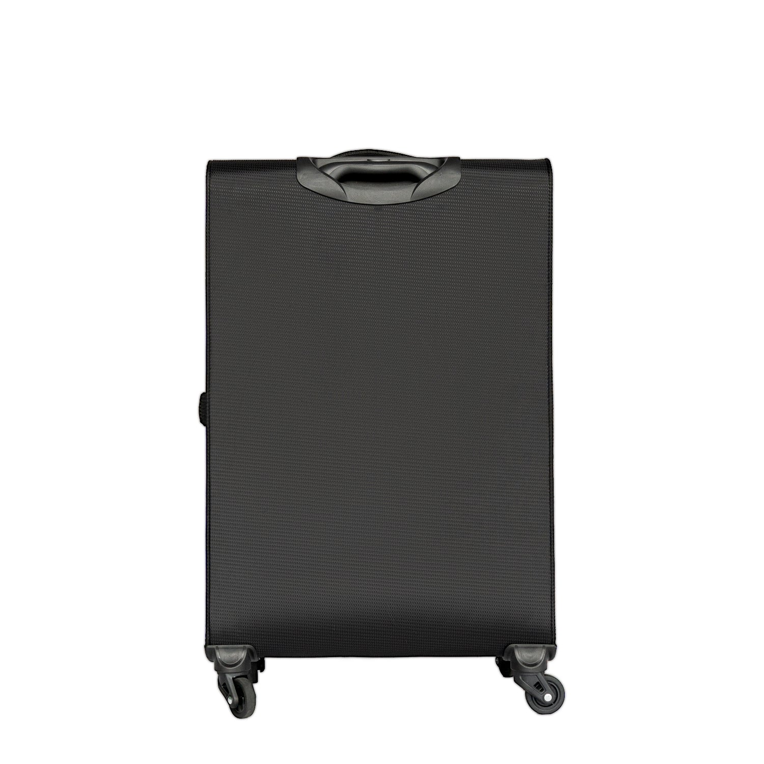 Durable black fabric suitcase with smoothrolling wheels and retractable handle for easy travel