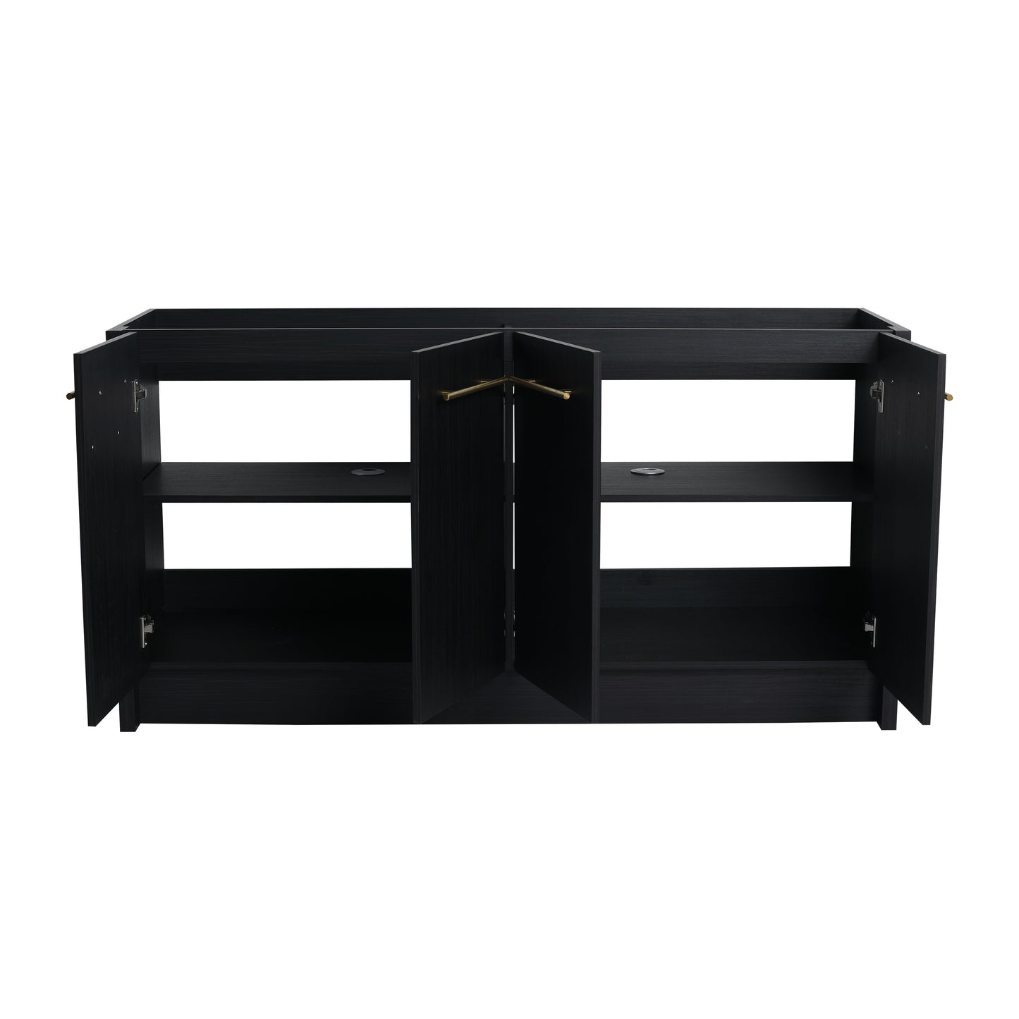 Modern black vanity cabinet with open doors and gold hardware
