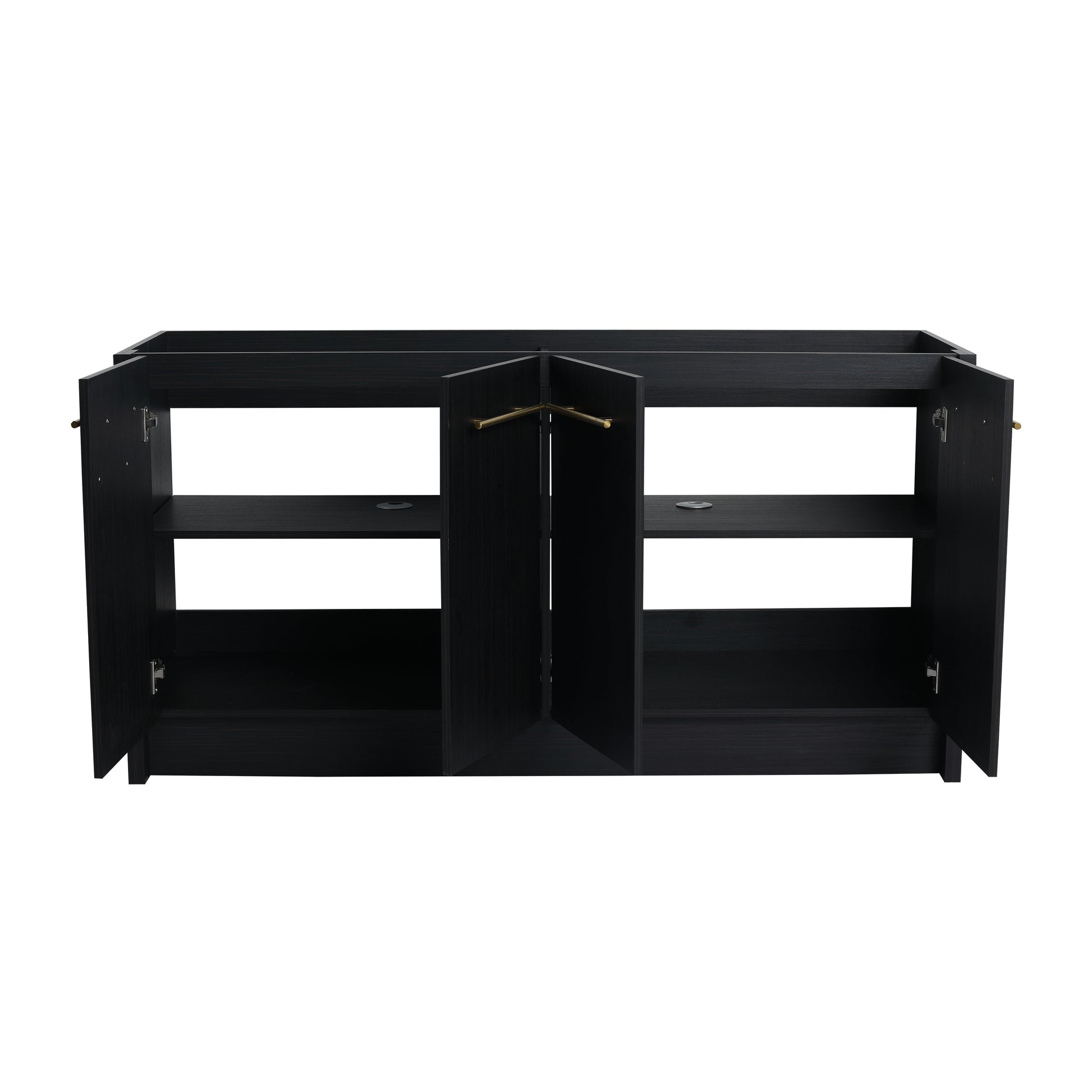 Modern black vanity cabinet with open doors and gold hardware