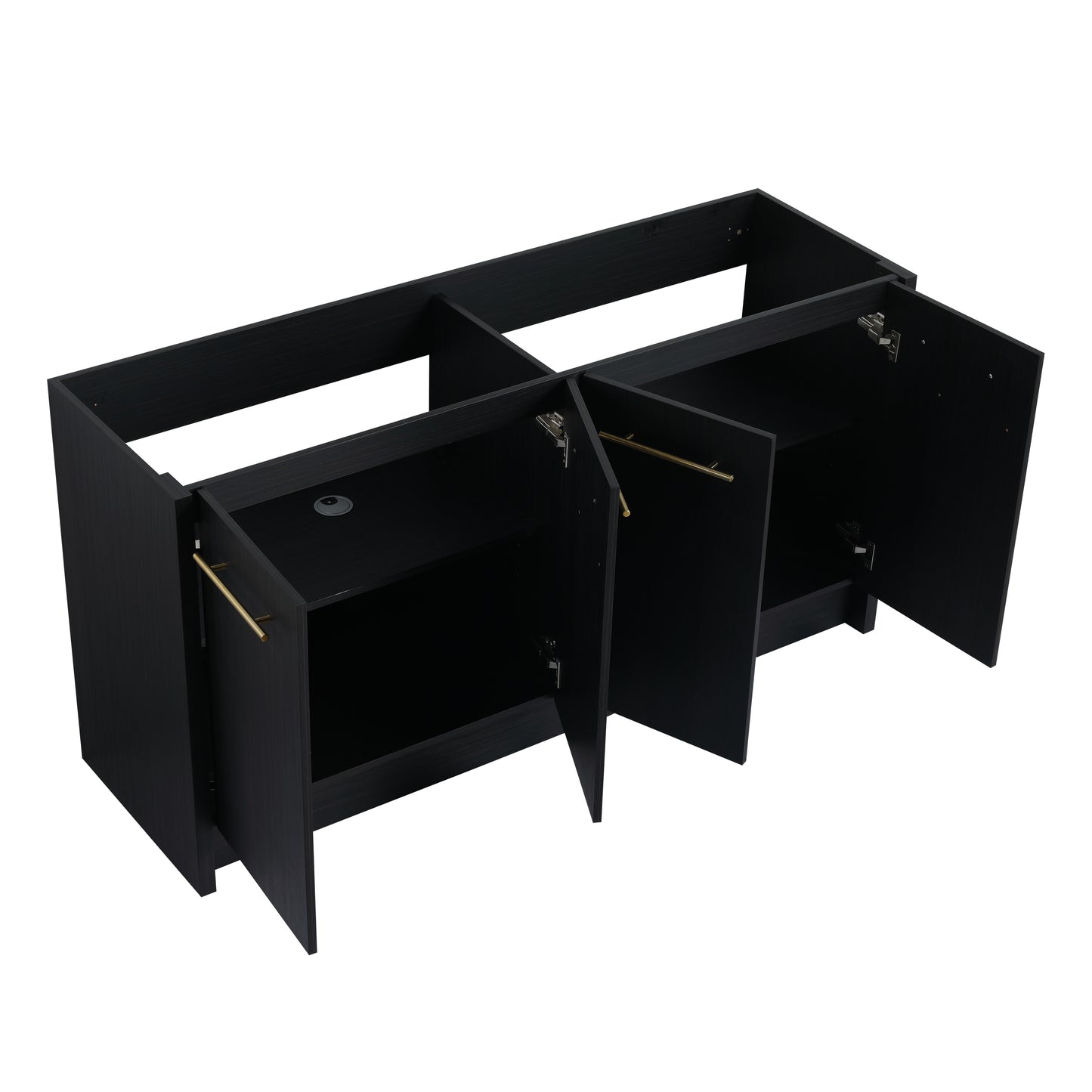 Black wooden vanity cabinet with open doors and brushed gold handles