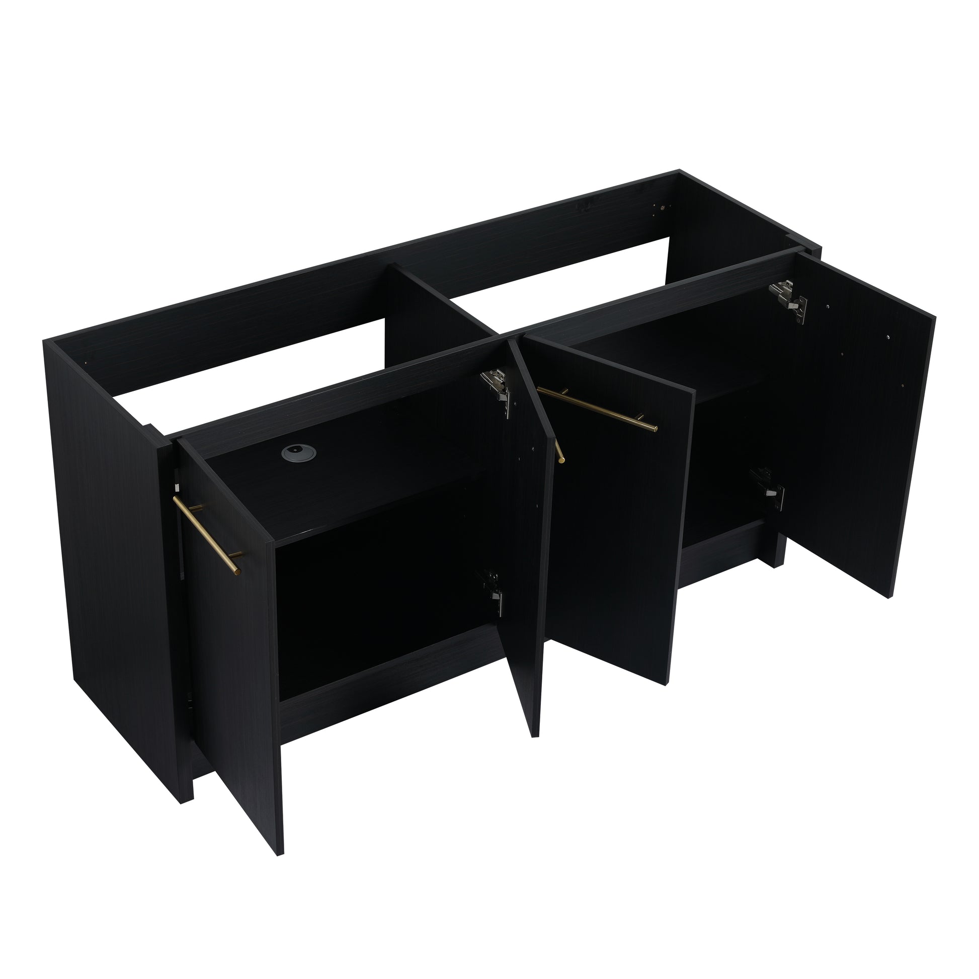 Black wooden vanity cabinet with open doors and brushed gold handles