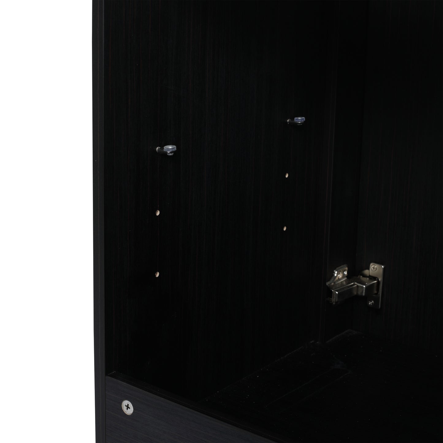 Dark wood cabinet interior with predrilled holes for shelf pegs