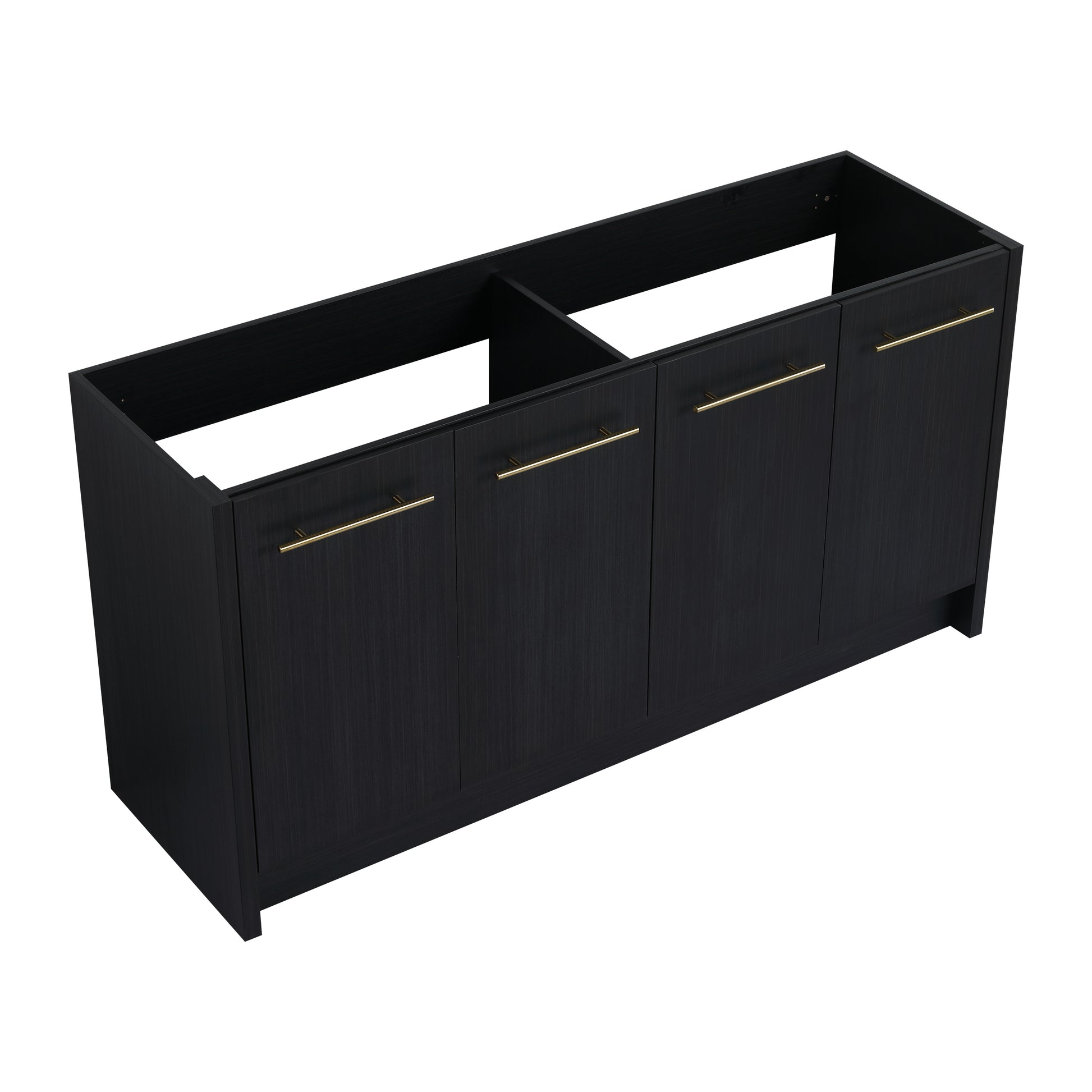 Dark wood effect cabinet base with four doors and gold handles ideal for a modern kitchen