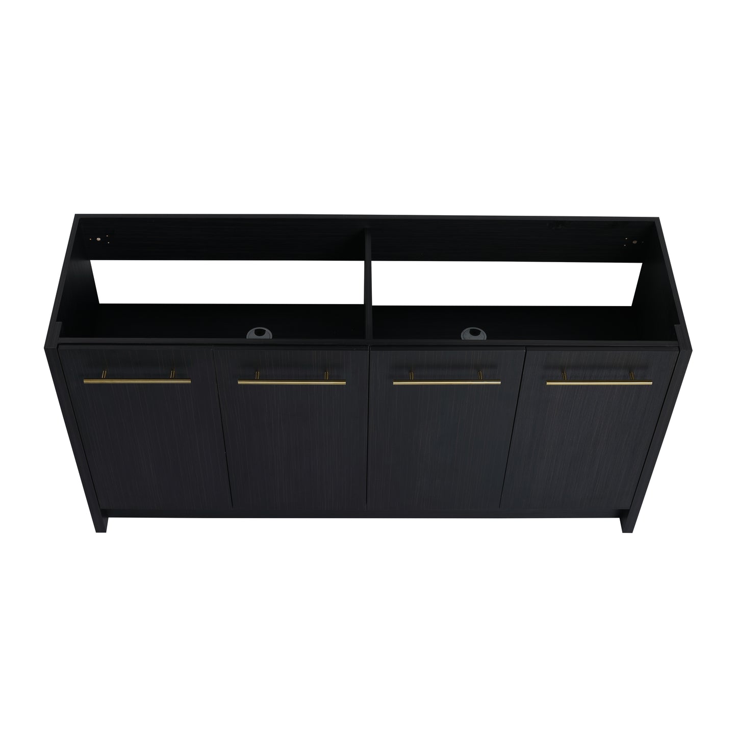 Black modern console cabinet with gold hardware and open shelving