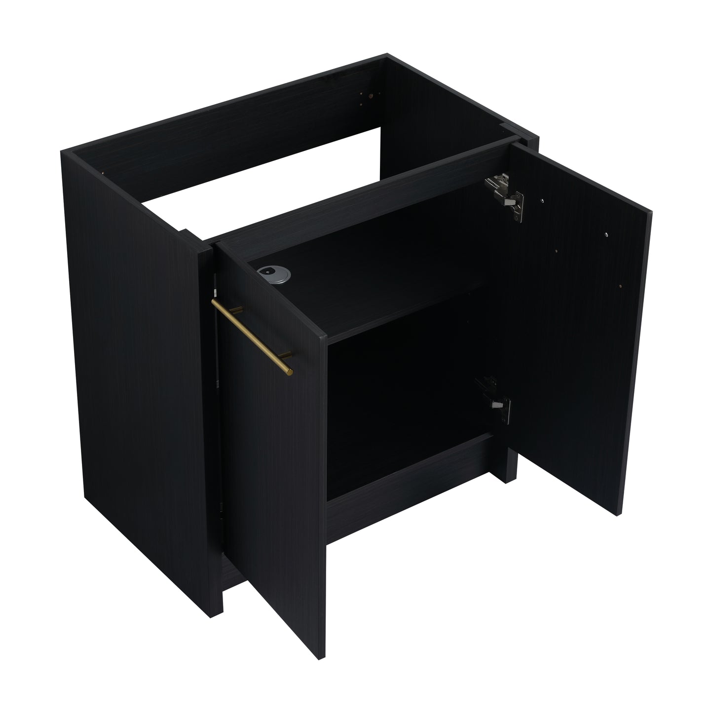 Modern black wood vanity cabinet with open shelving and brushed gold hardware