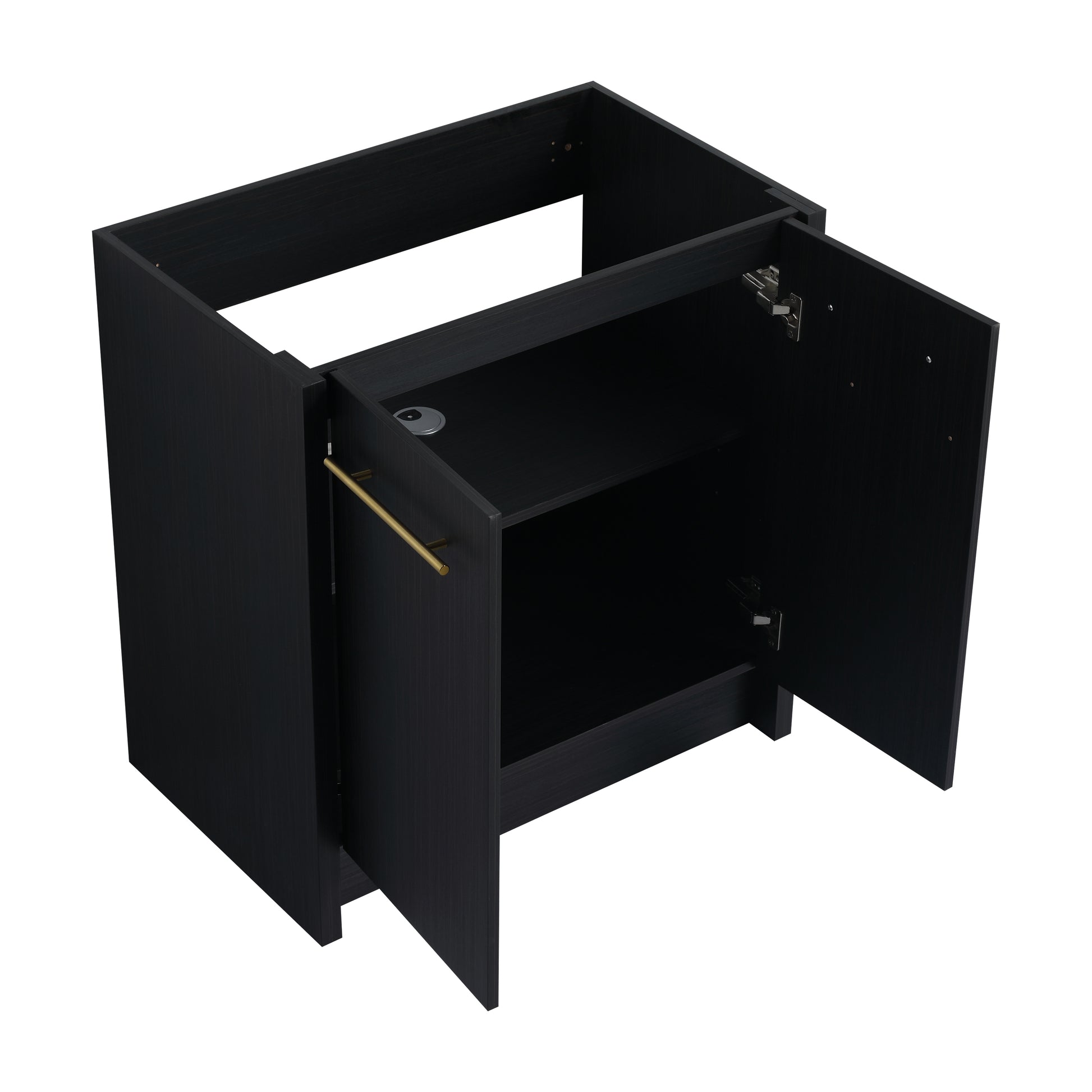 Modern black wood vanity cabinet with open shelving and brushed gold hardware