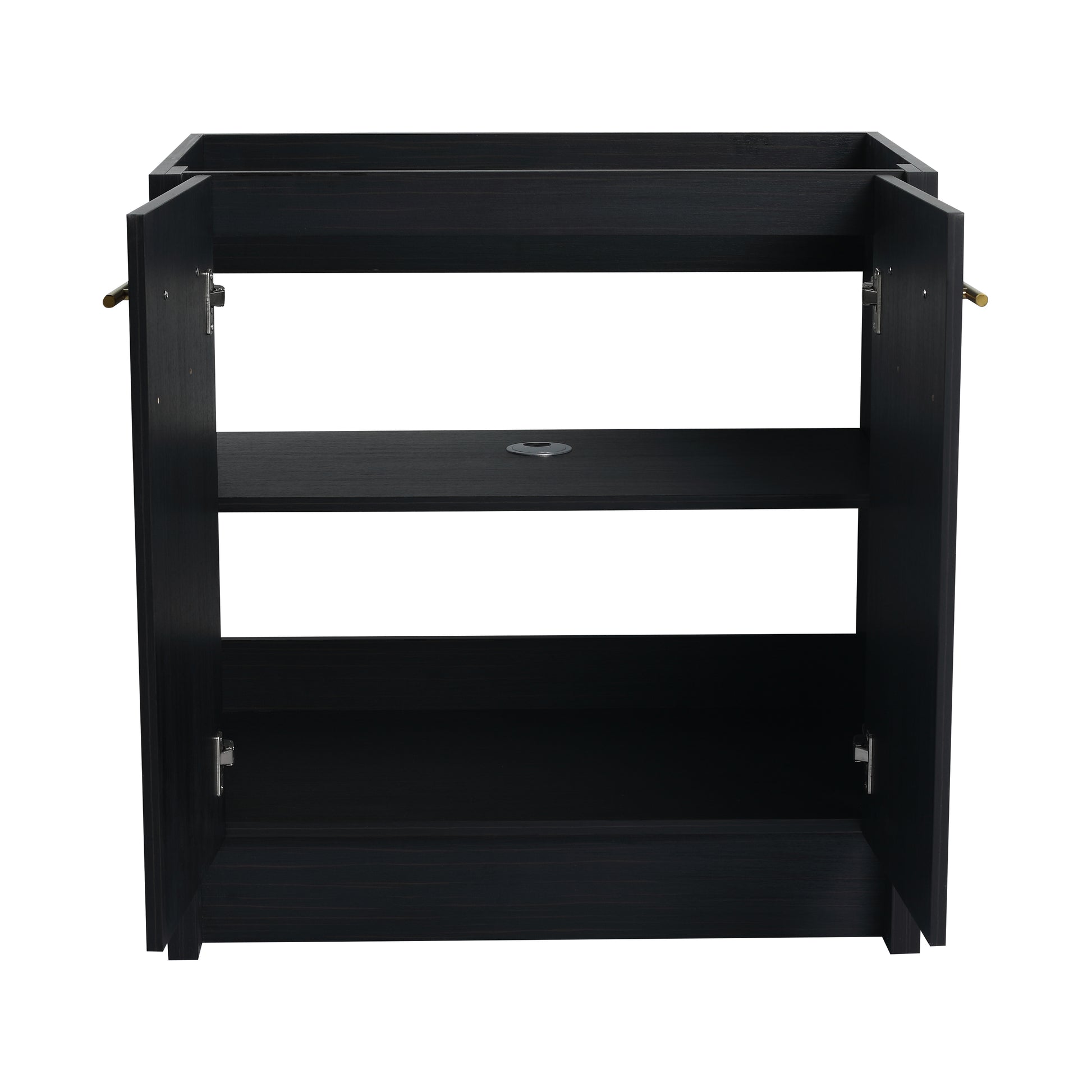 Dark wood cabinet base with two shelves and brass hardware