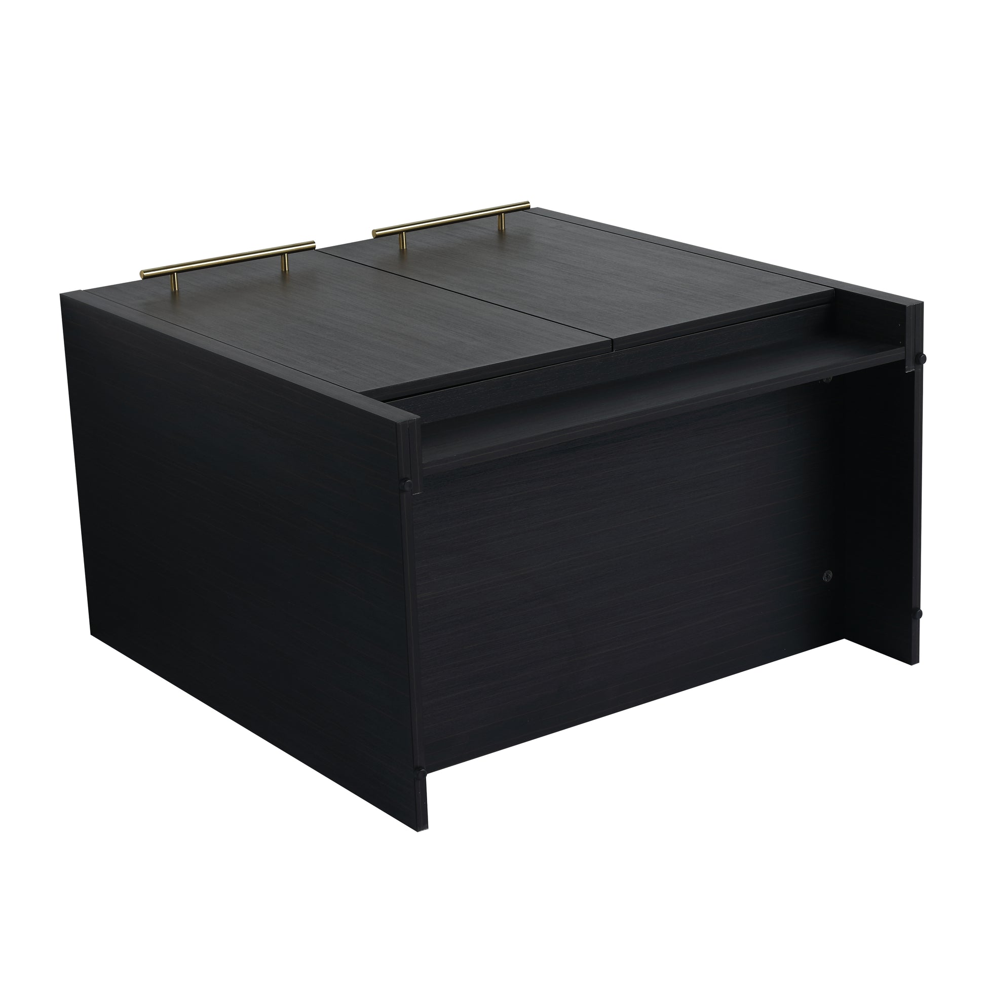 Dark oak veneer coffee table with two lifttop panels and brass hardware