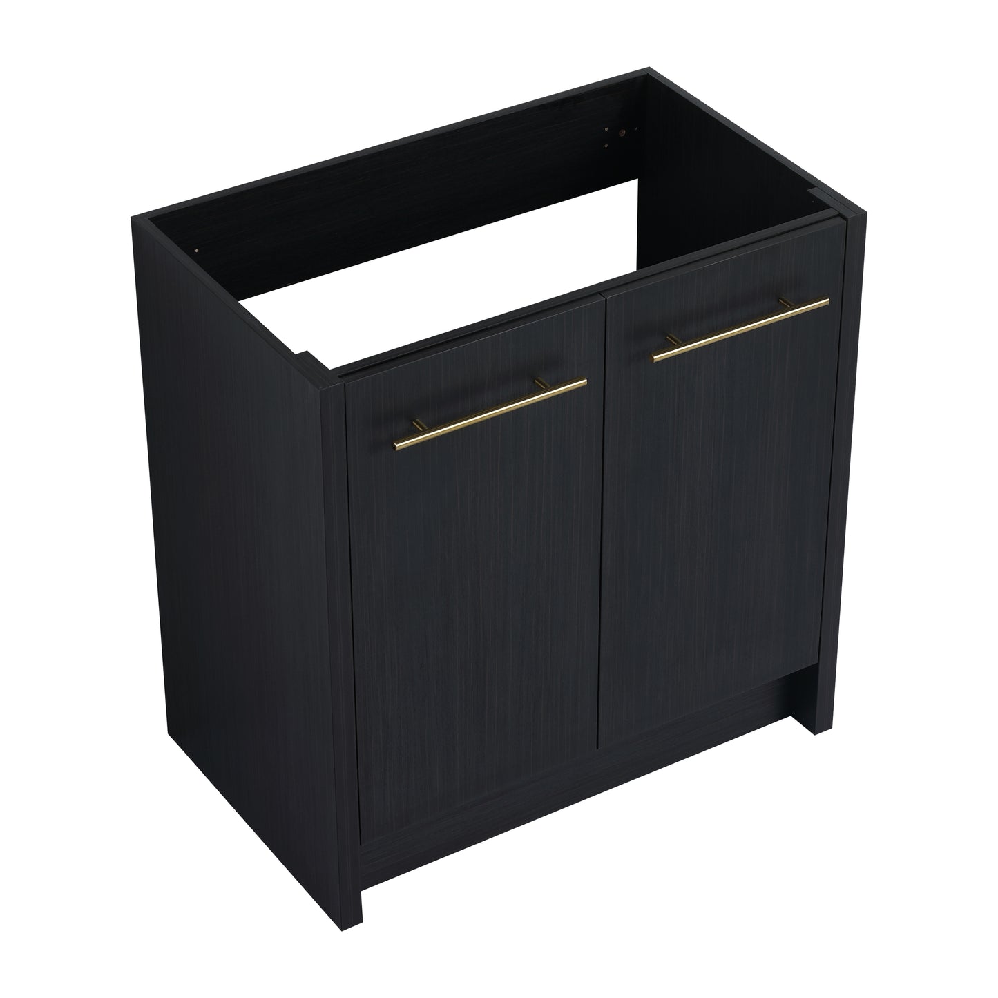 Dark wood vanity base with brass bar pulls and two cabinet doors