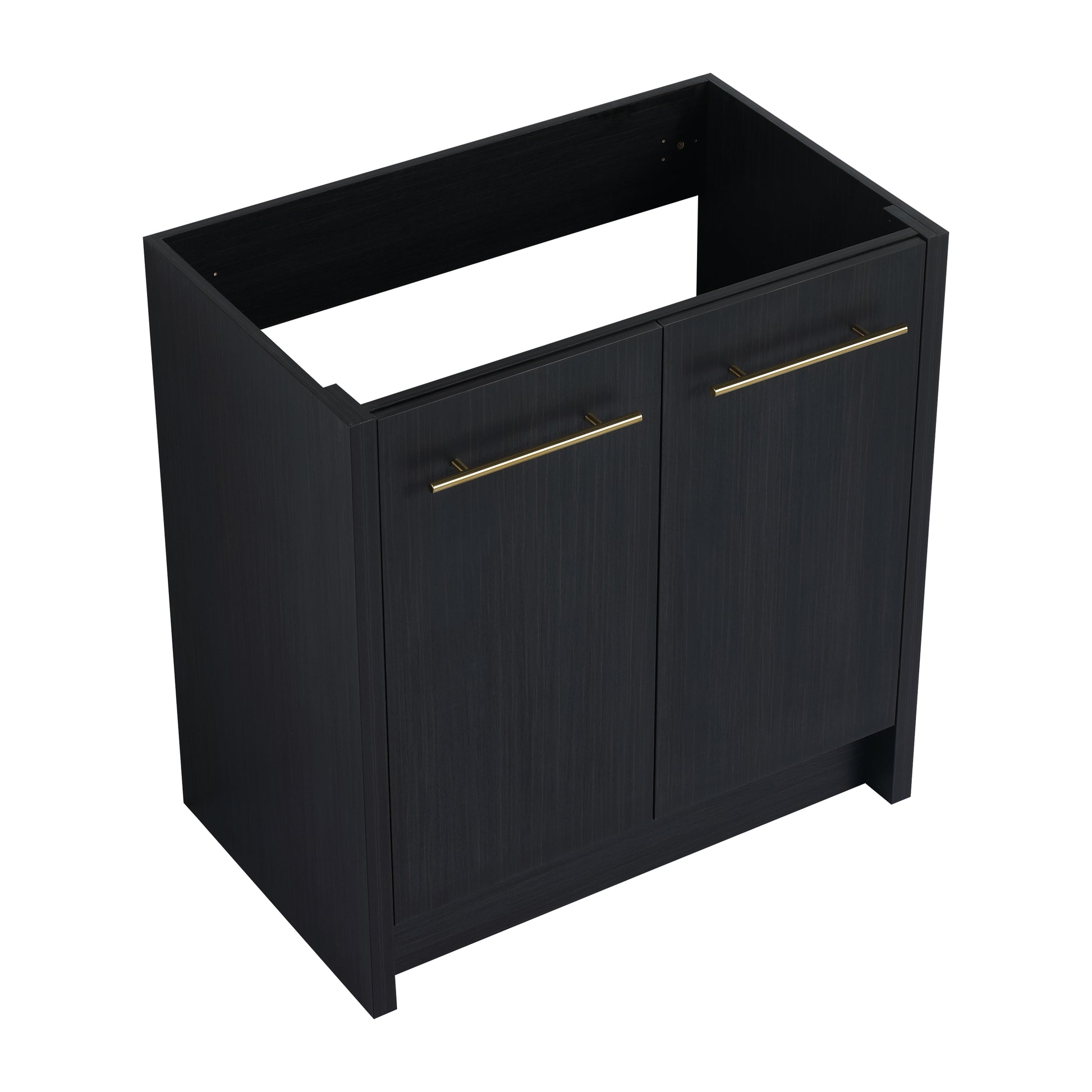 Dark wood vanity base with brass bar pulls and two cabinet doors