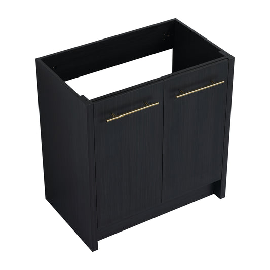 Dark wood vanity base with brass bar pulls and two cabinet doors