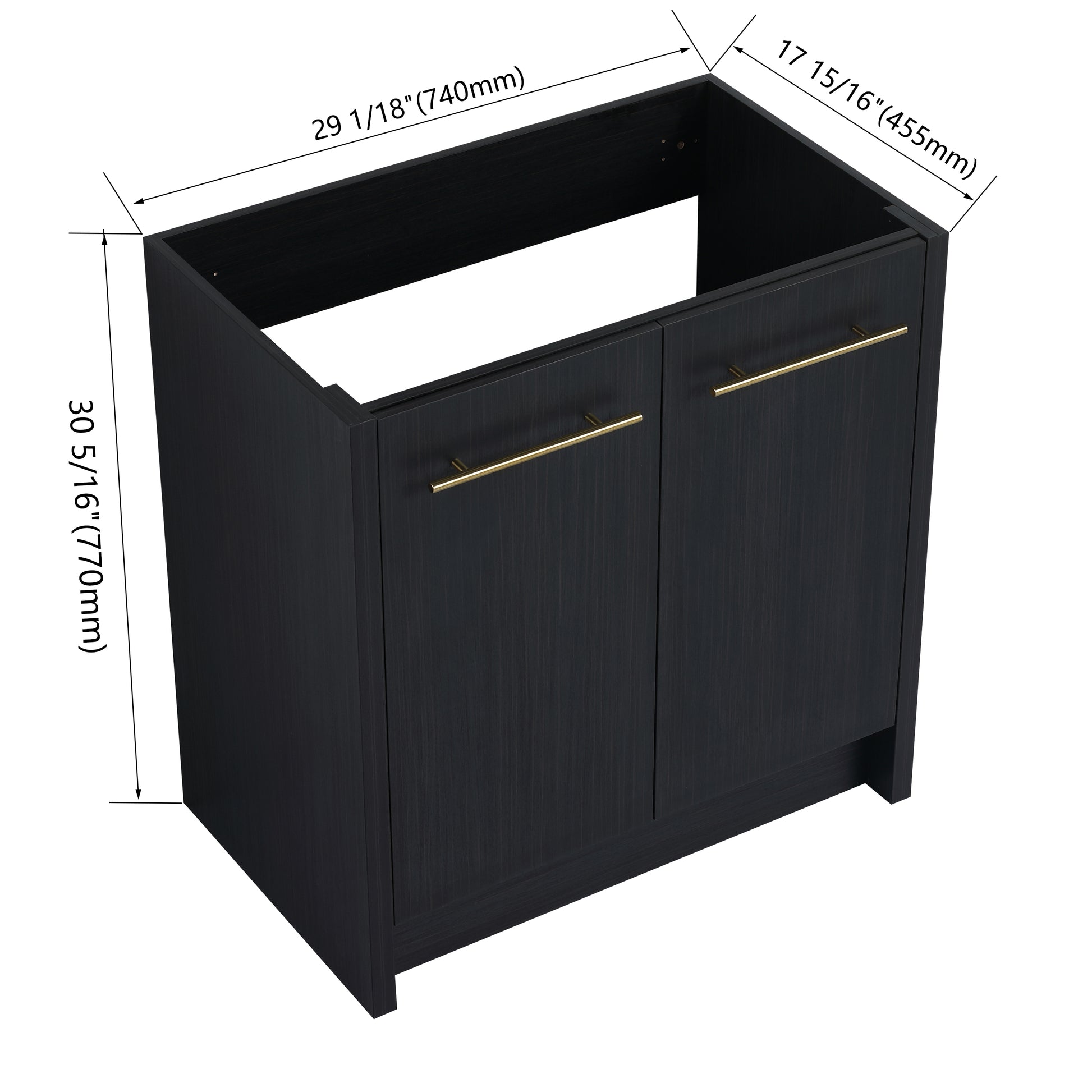 Dark wood bathroom vanity with two gold bar pulls and brushed finish
