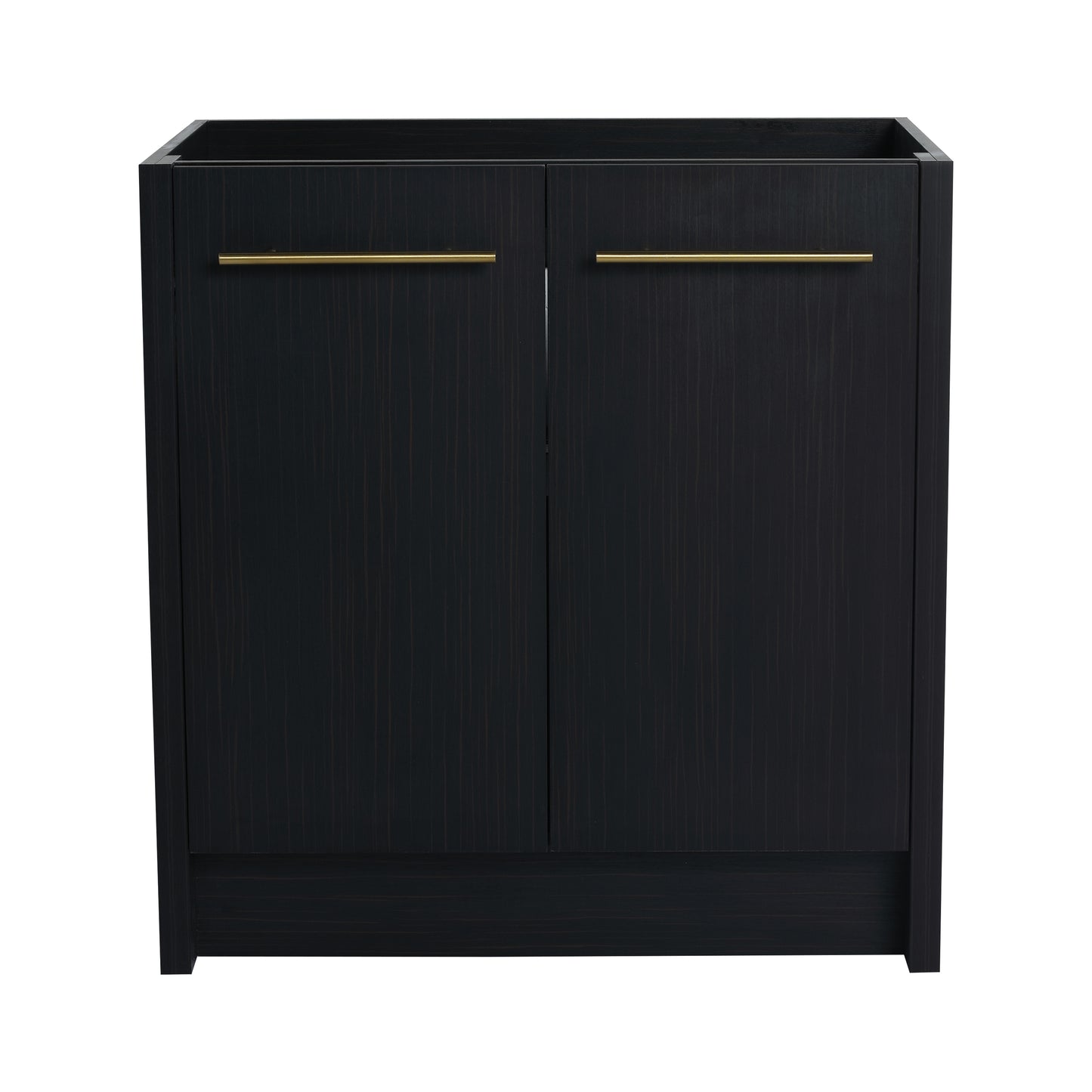 Dark oak vanity cabinet with two doors and brushed gold pulls for bathroom storage