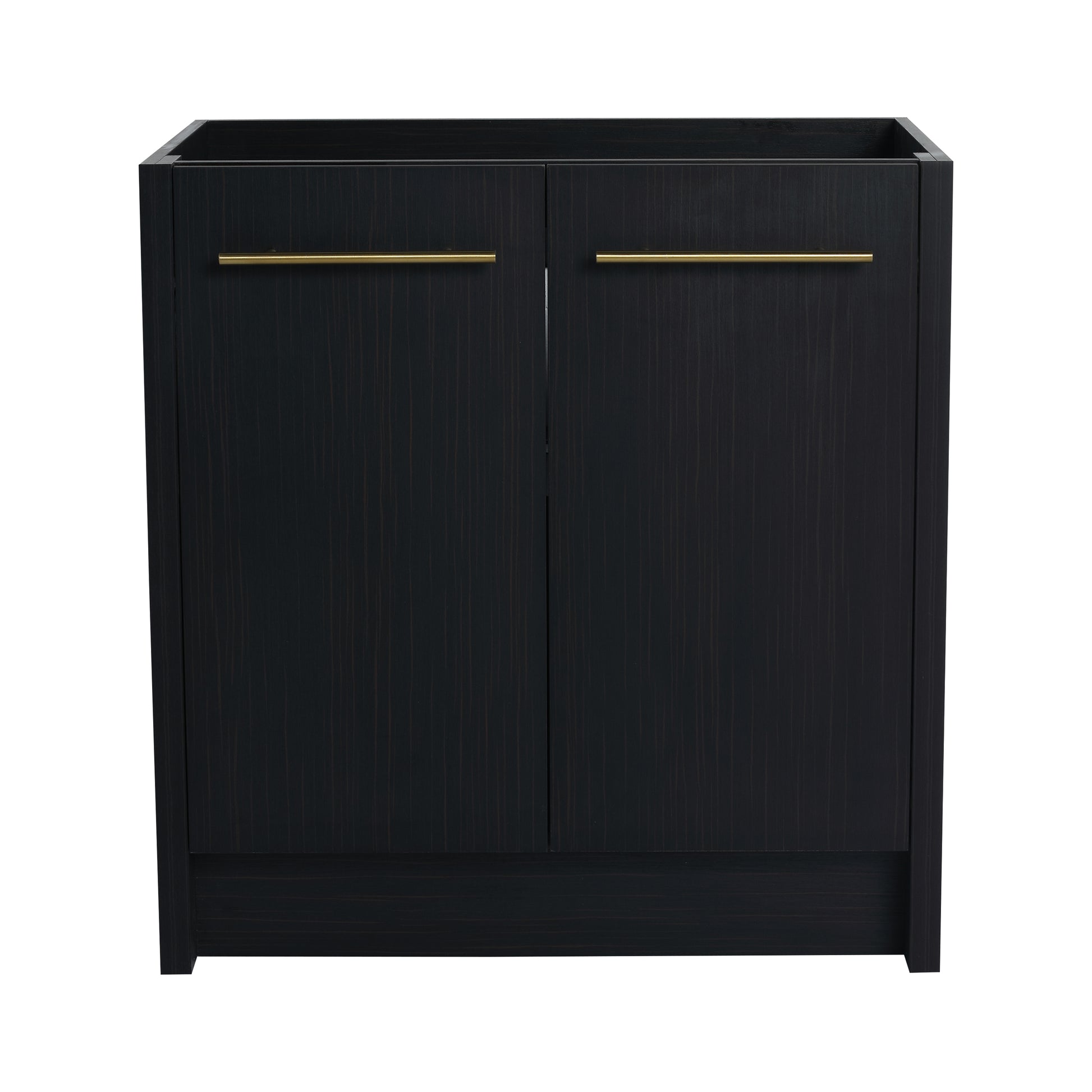 Dark oak vanity cabinet with two doors and brushed gold pulls for bathroom storage