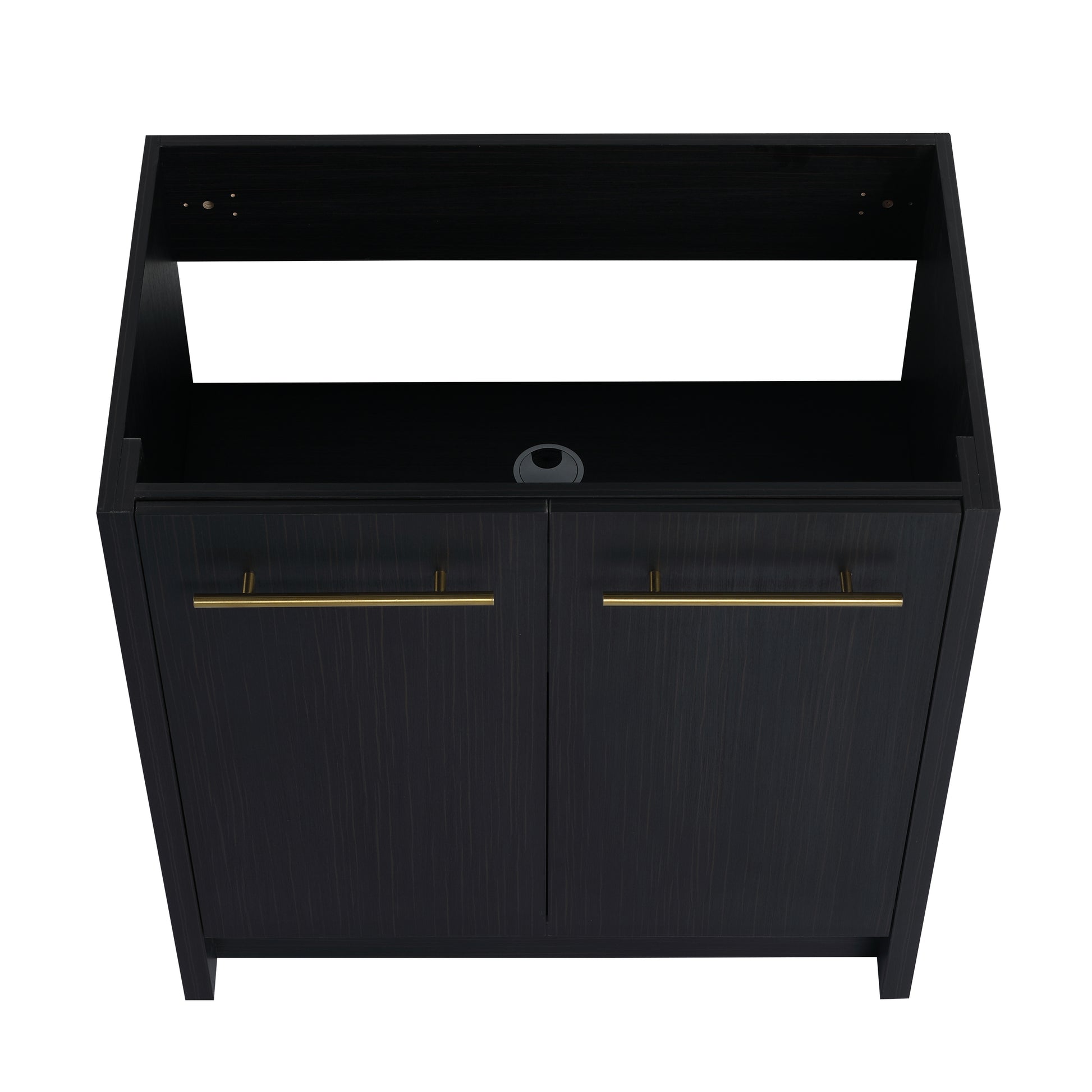 Dark oak veneer cabinet with gold handles and open top shelf