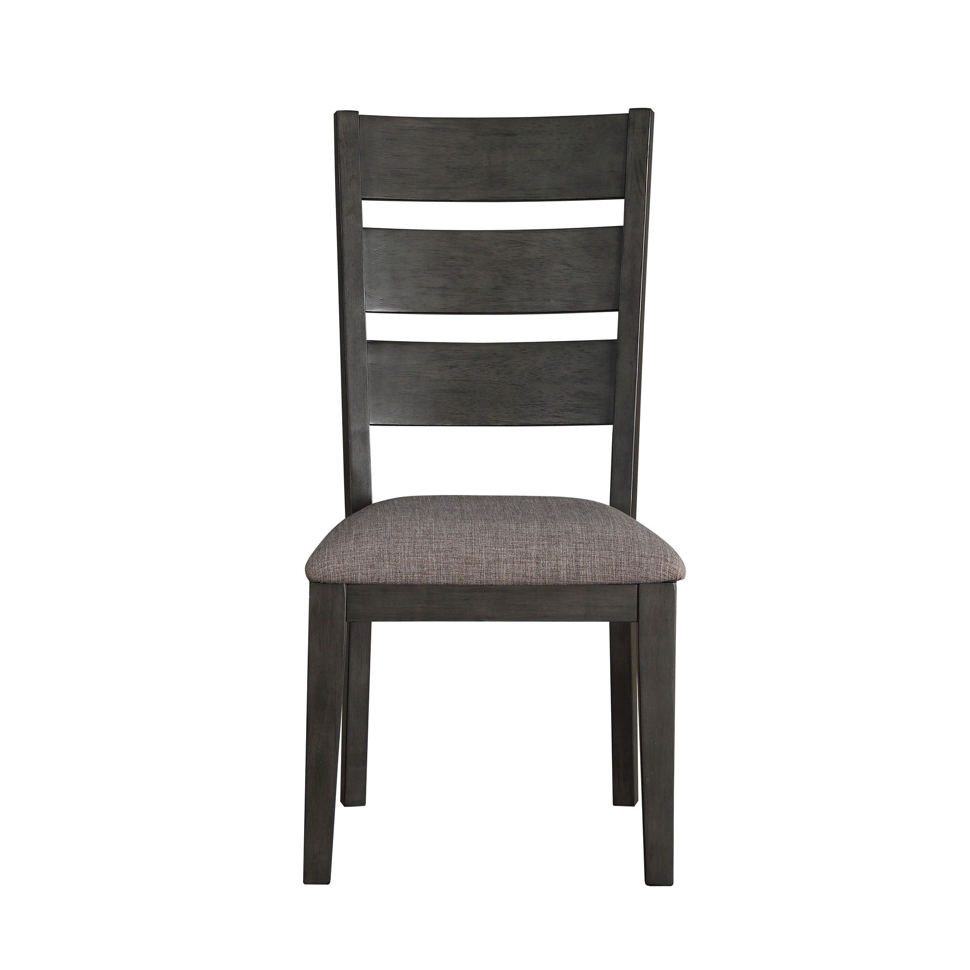 Dark gray wooden dining chair with horizontal back slats and upholstered seat