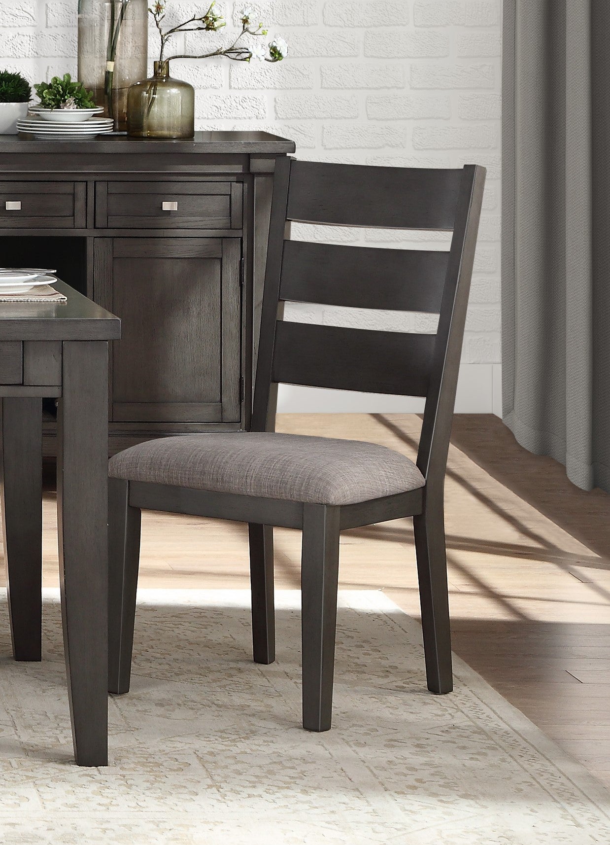Dark grey wooden dining chair with upholstered seat