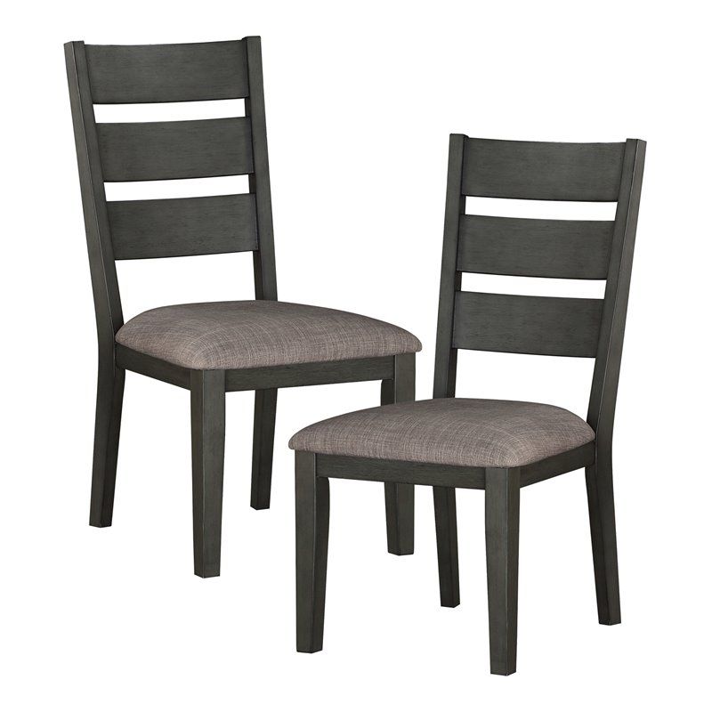 Dark gray wooden dining chairs with upholstered seats