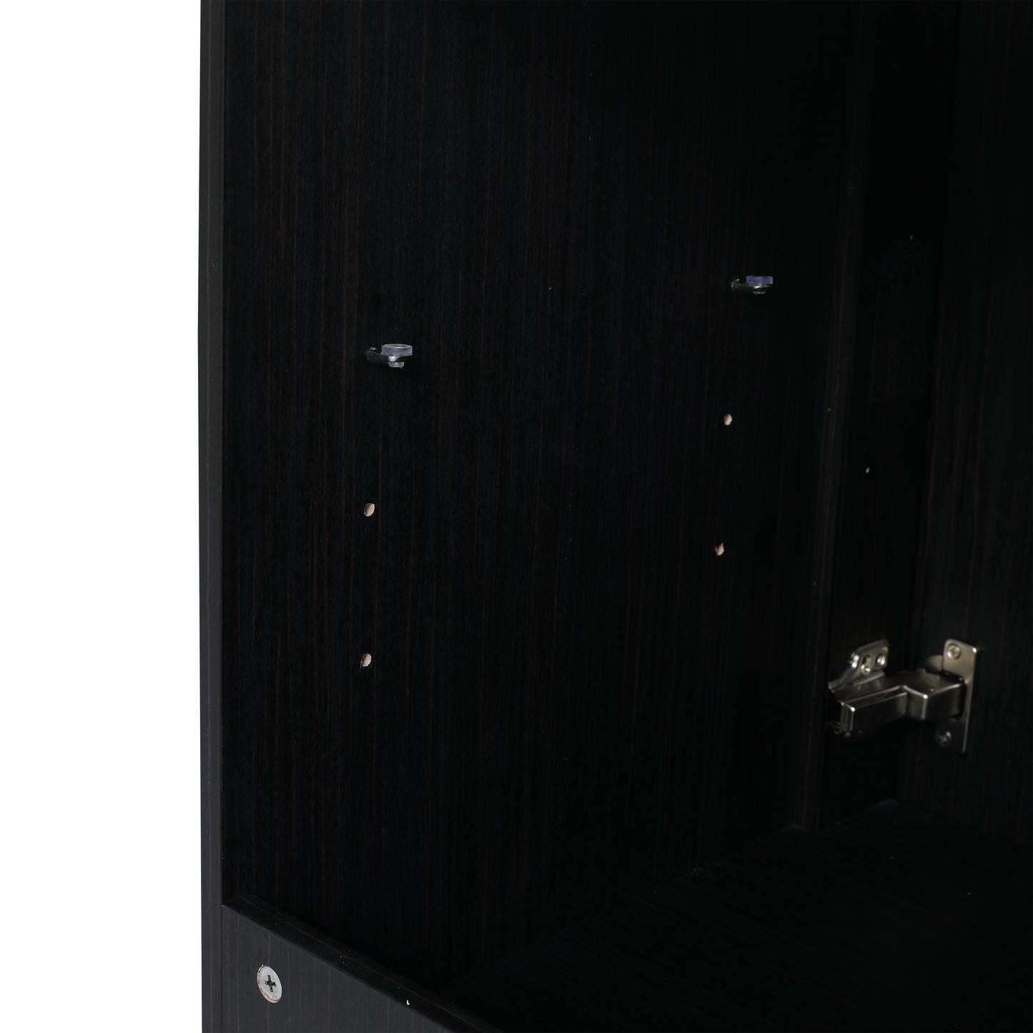 Dark wood veneer cabinet interior with visible hinge and mounting points