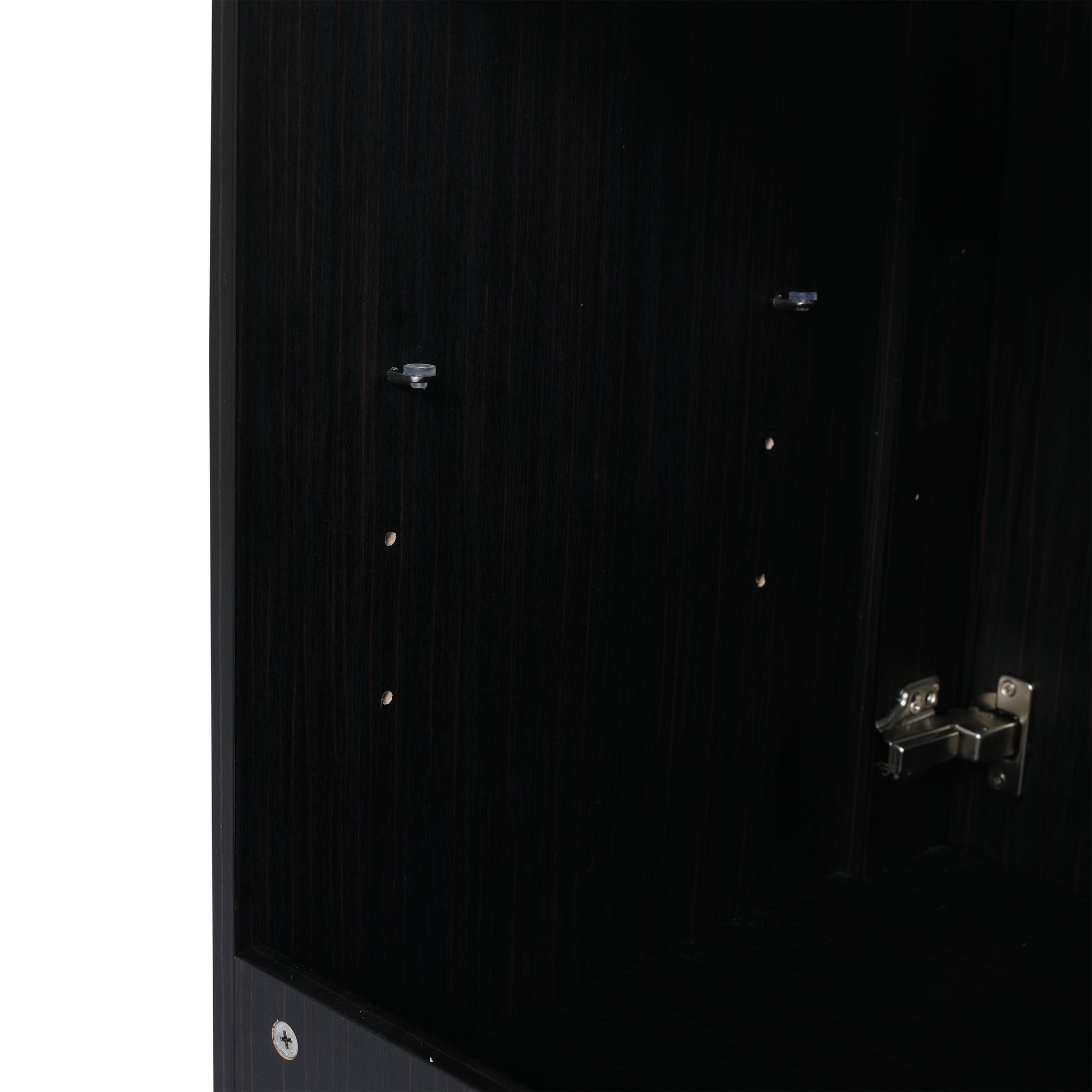 Dark wood veneer cabinet interior with visible hinge and mounting points