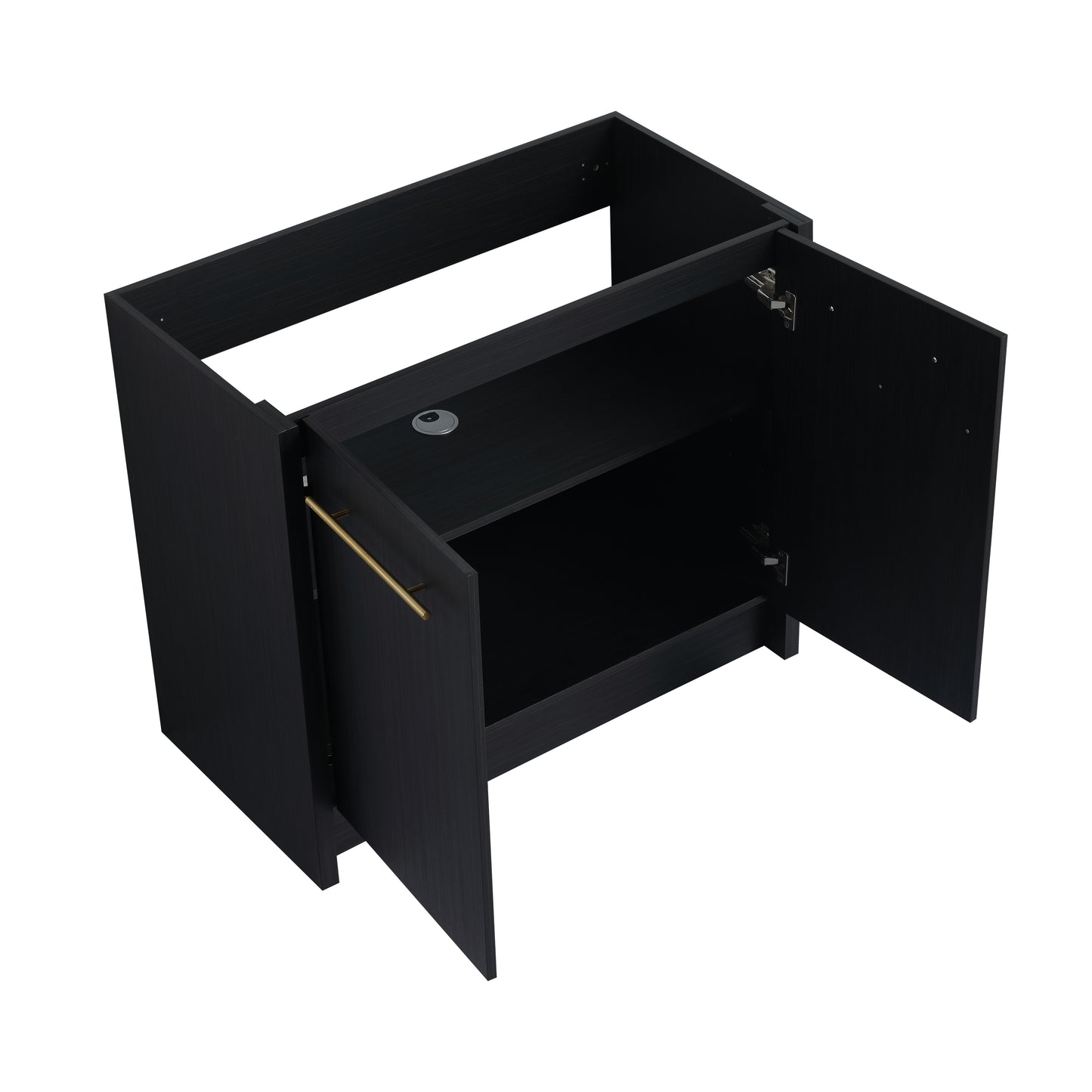 Modern black wood cabinet with brushed gold hardware and internal shelving