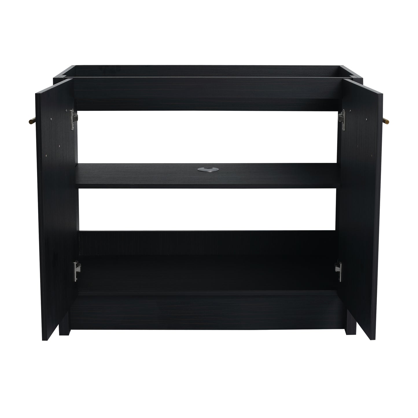 Open black cabinet with two shelves and gold handles modern design