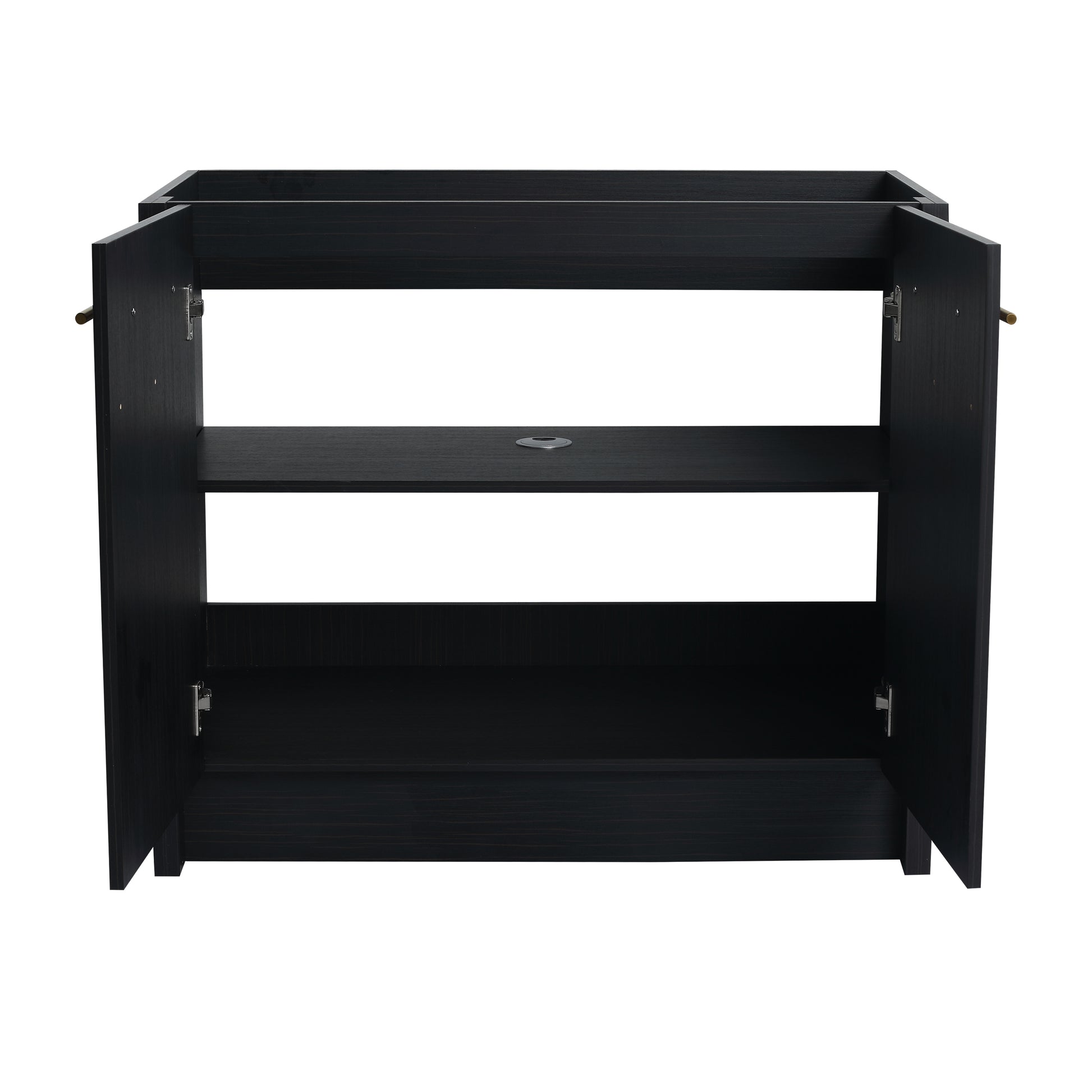 Open black cabinet with two shelves and gold handles modern design