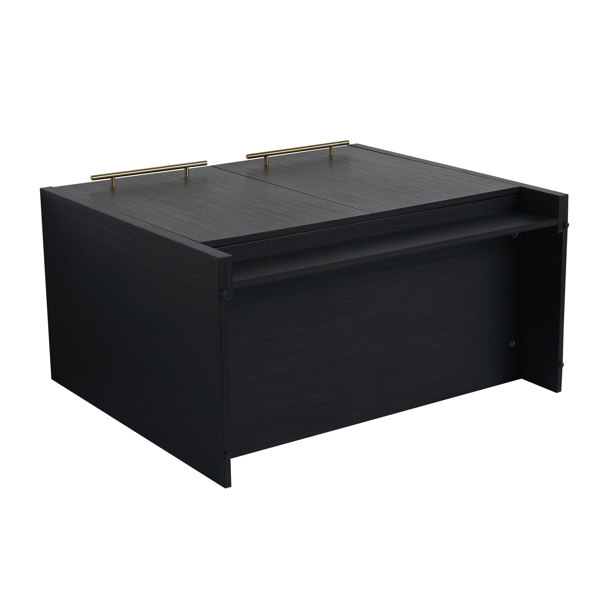 Dark wood coffee table with gold bar handles and open shelving