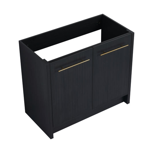 Dark oak bathroom vanity cabinet with two gold bar handles