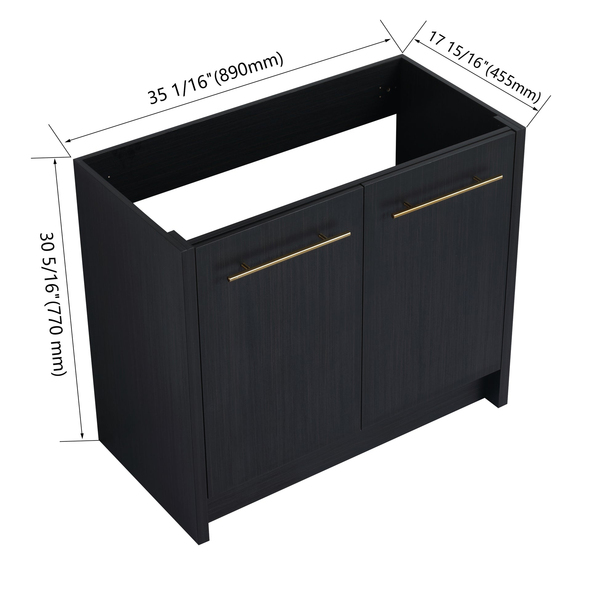 Black modern vanity cabinet with gold bar pulls   W x   H