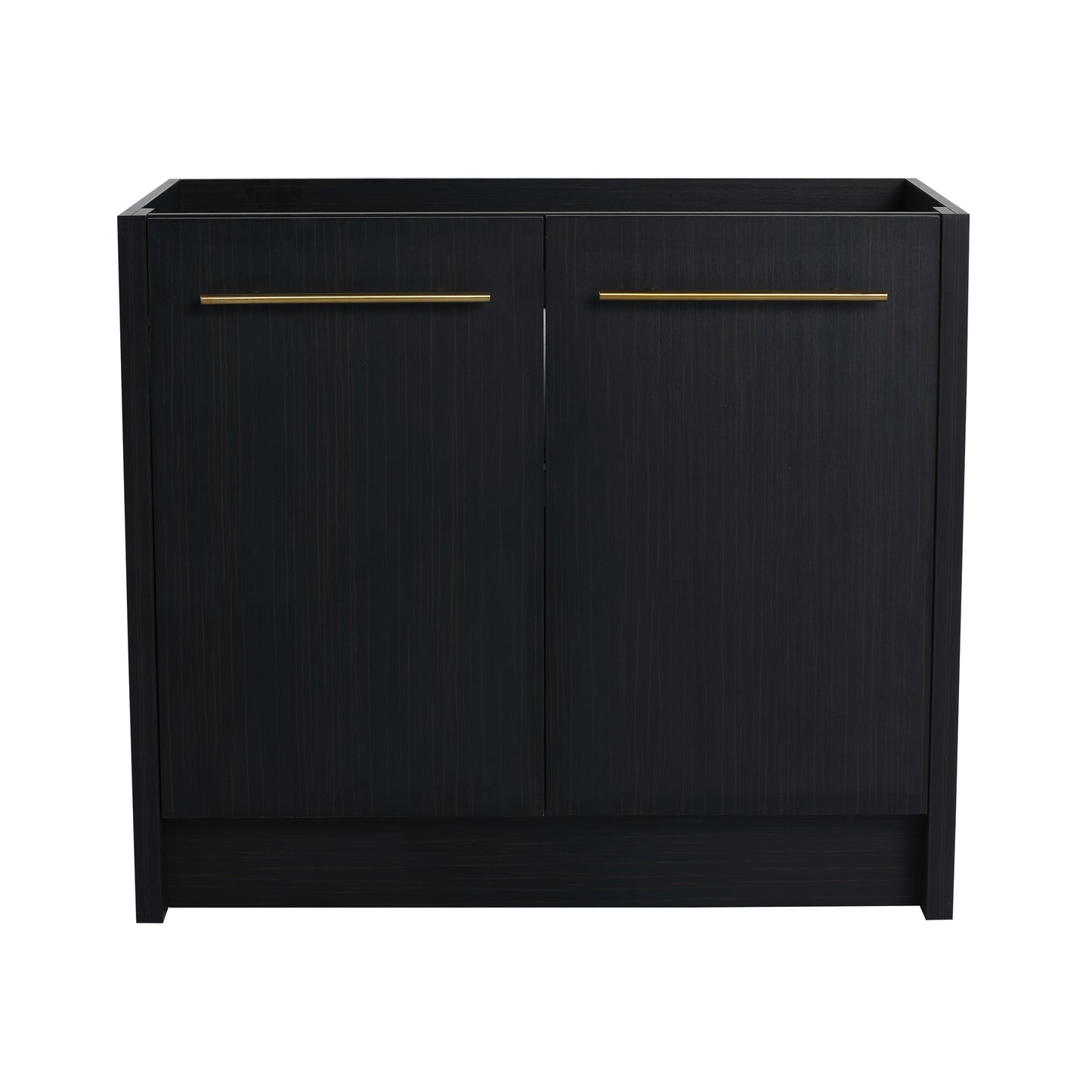 Dark oak bathroom vanity with brushed gold hardware