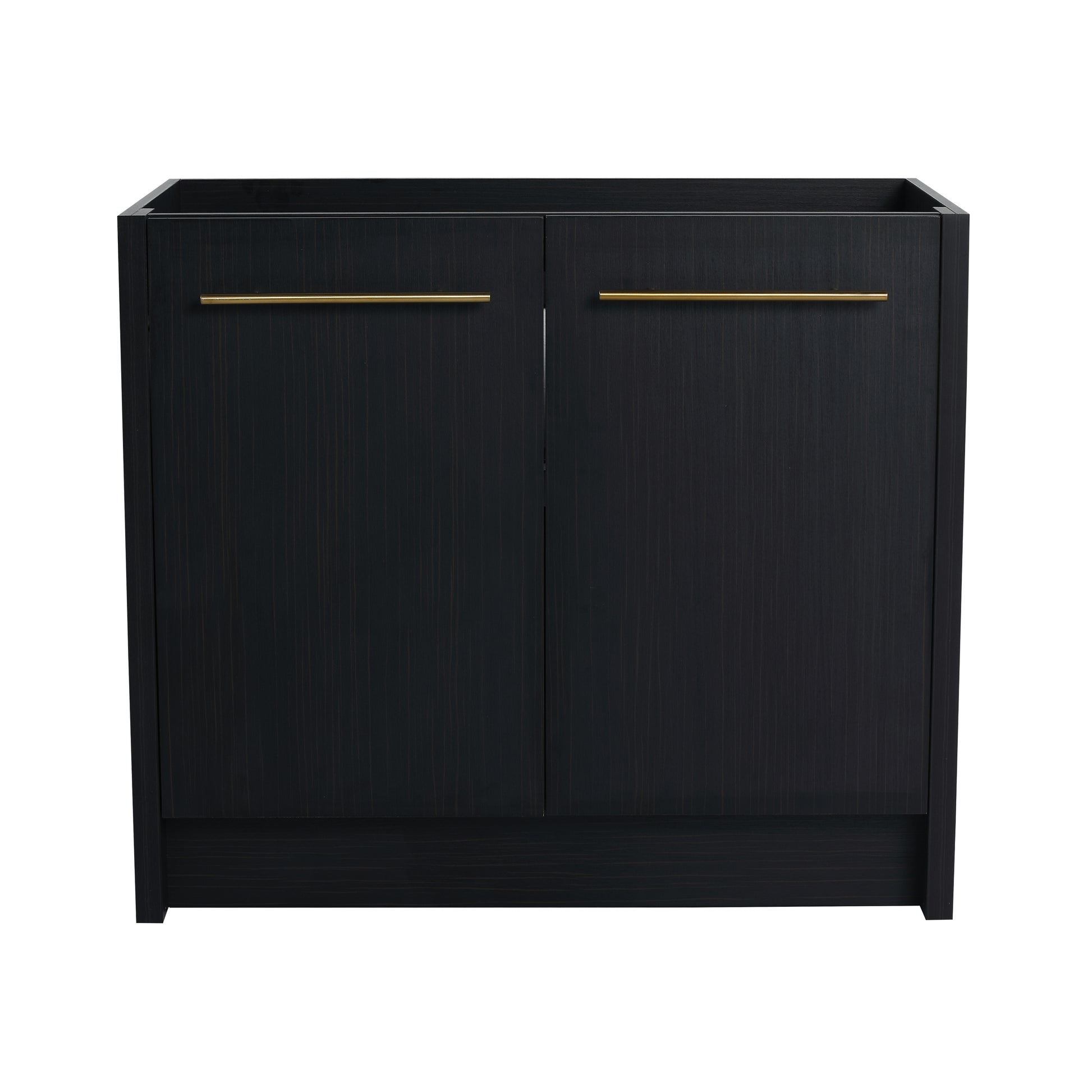 Dark oak bathroom vanity with brushed gold hardware