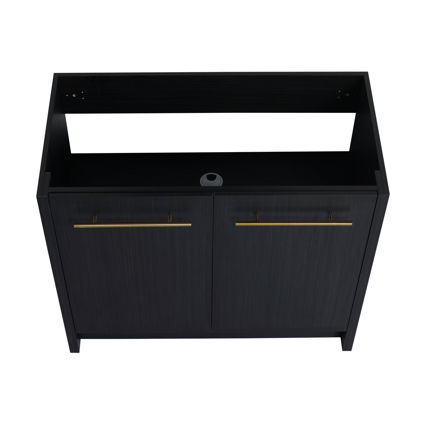 Dark wood media console with brushed gold handles and cable management cutout