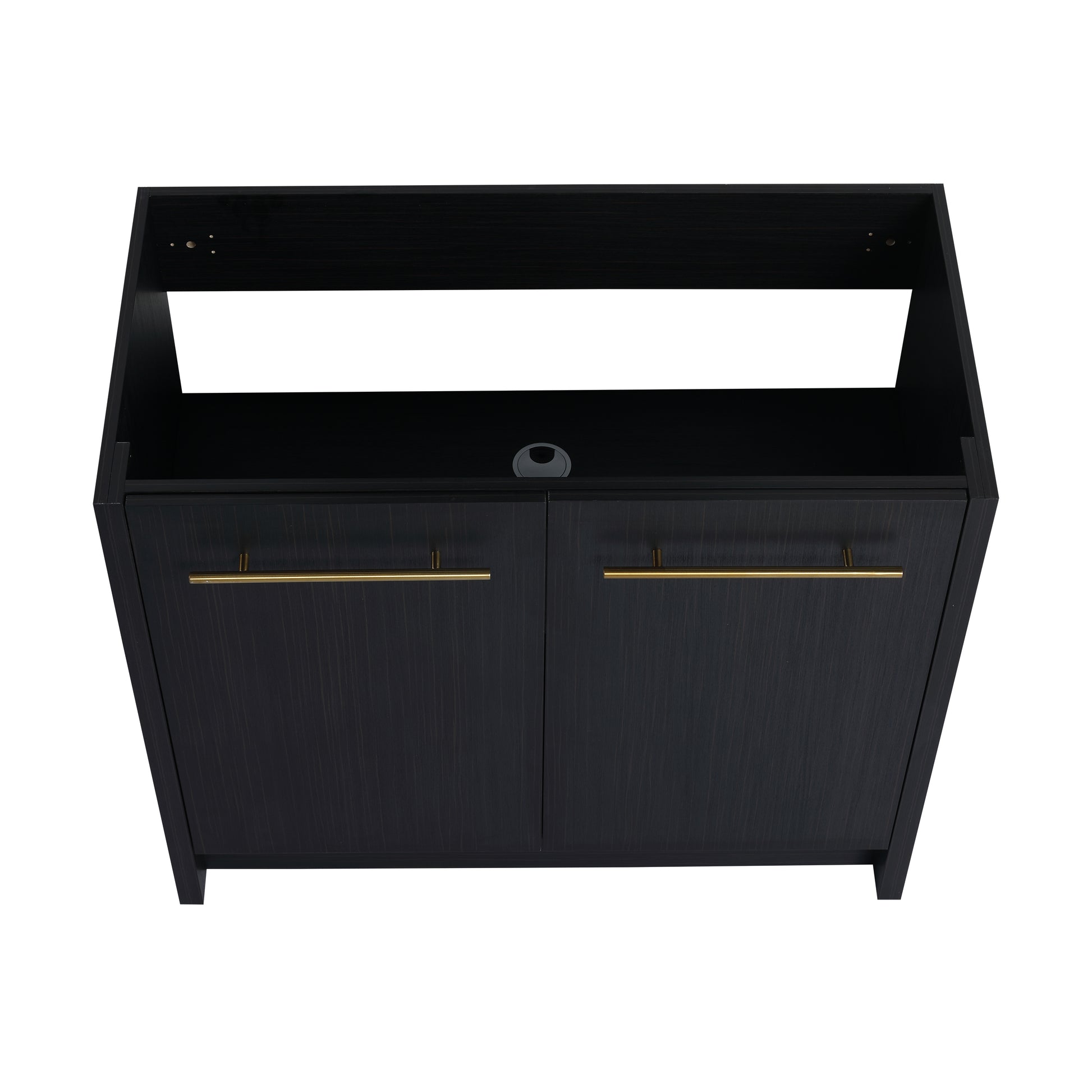 Dark wood media console with brushed gold handles and cable management cutout