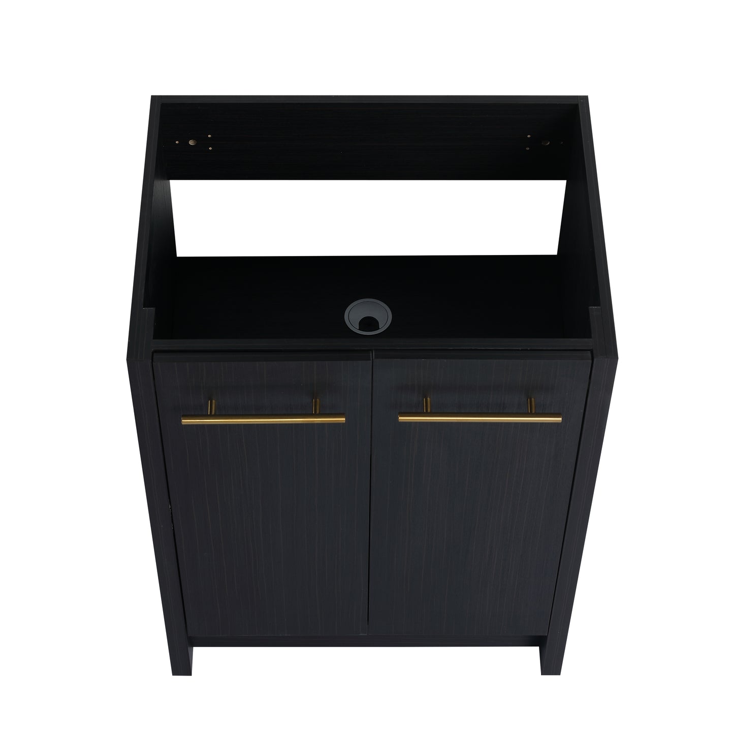 Dark wood vanity cabinet with gold bar pulls and open shelving