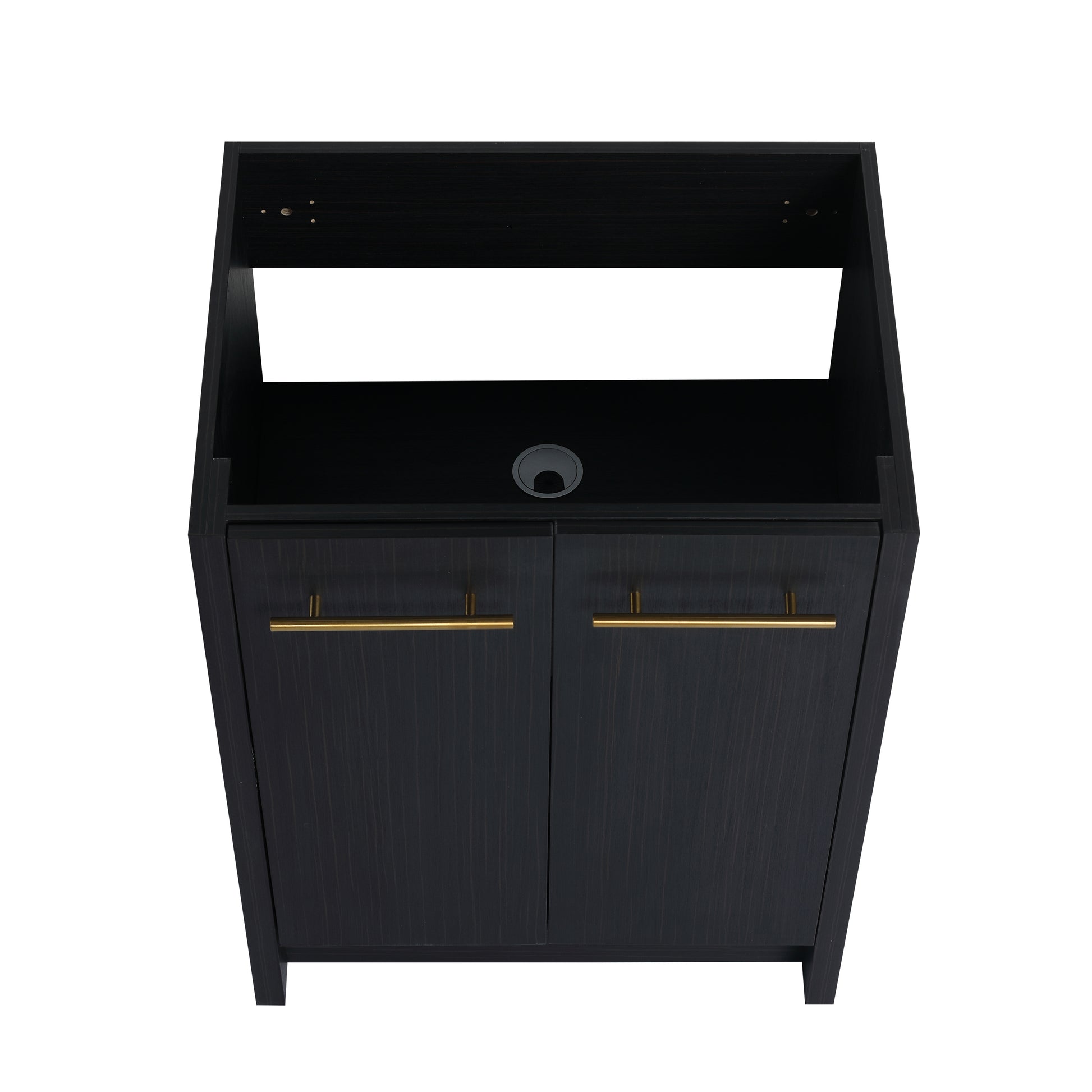 Dark wood vanity cabinet with gold bar pulls and open shelving