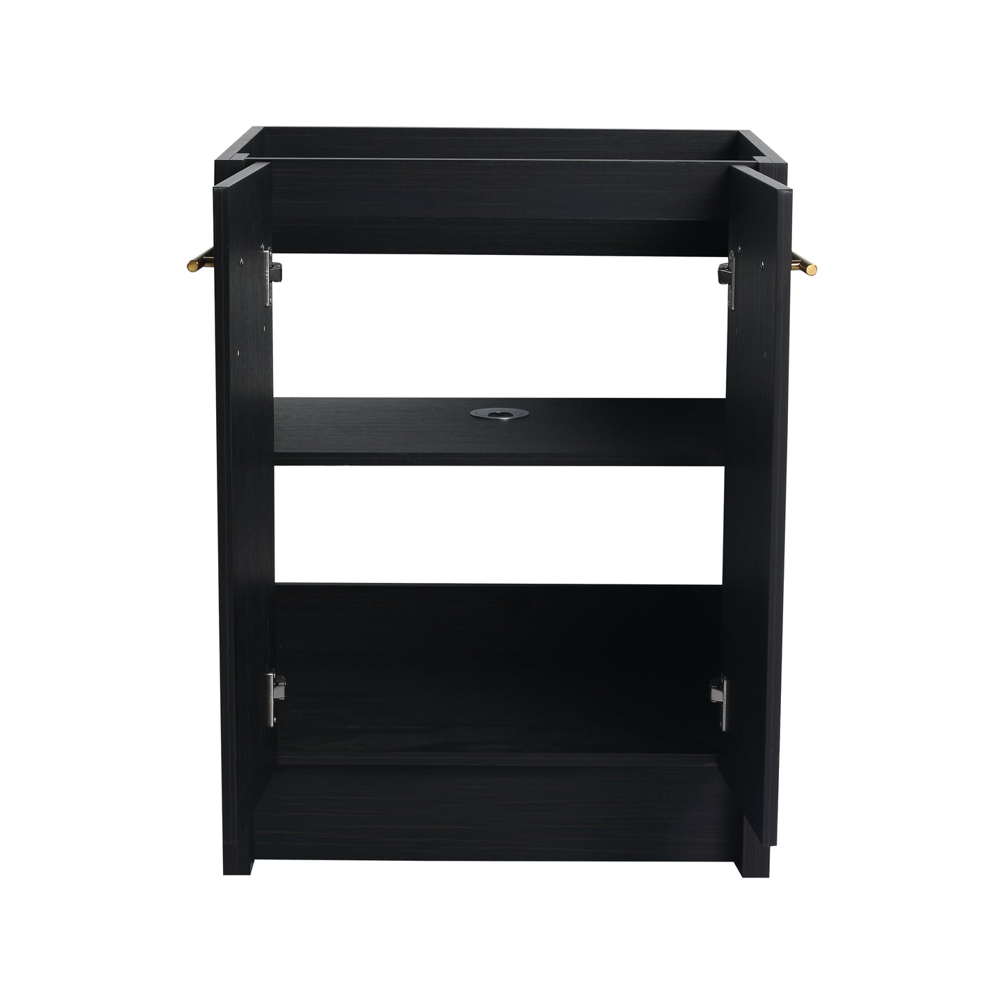 Dark wood vanity cabinet with brass hardware and open shelves