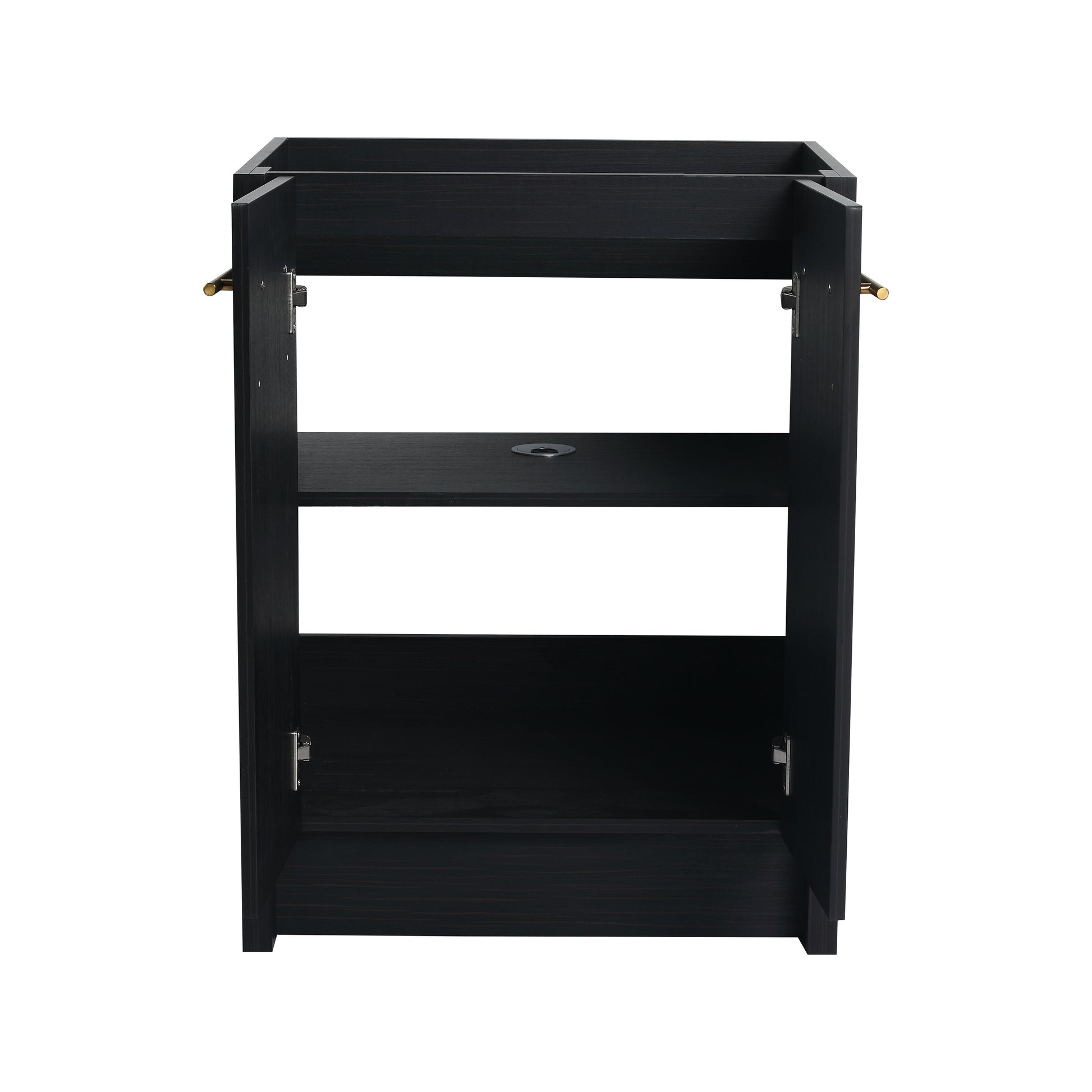 Dark wood vanity cabinet with brass hardware and open shelves
