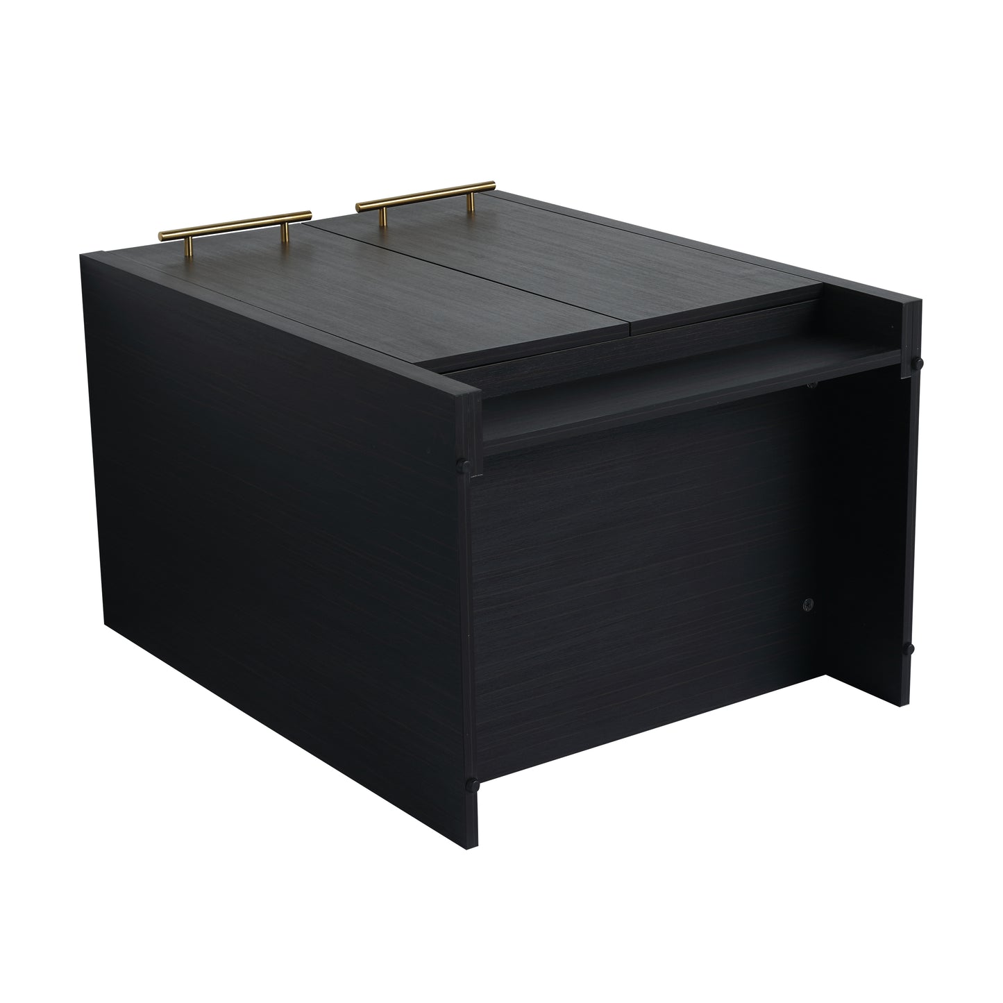 Dark wood lifttop coffee table with contemporary brass handles ideal for modern living rooms