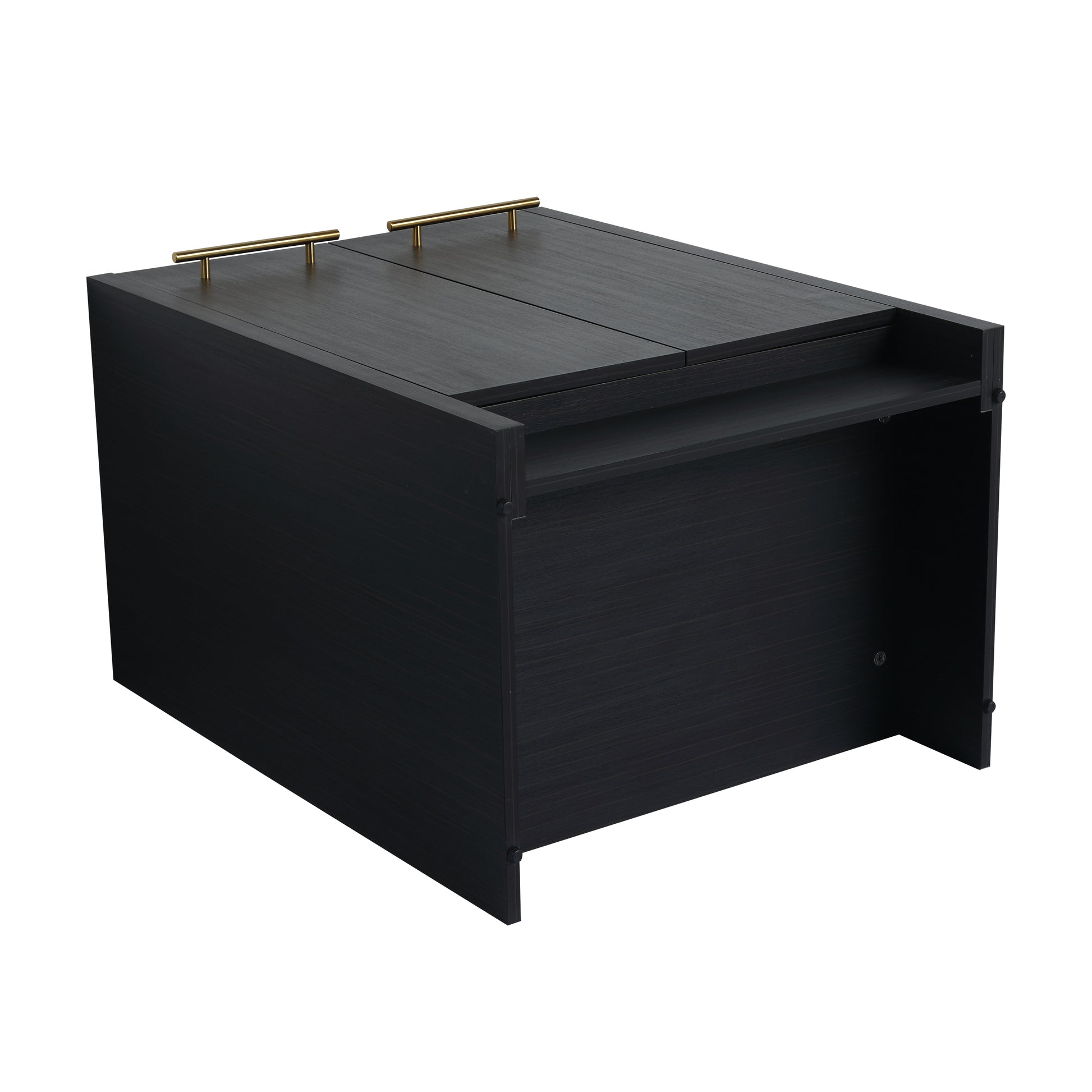 Dark wood lifttop coffee table with contemporary brass handles ideal for modern living rooms